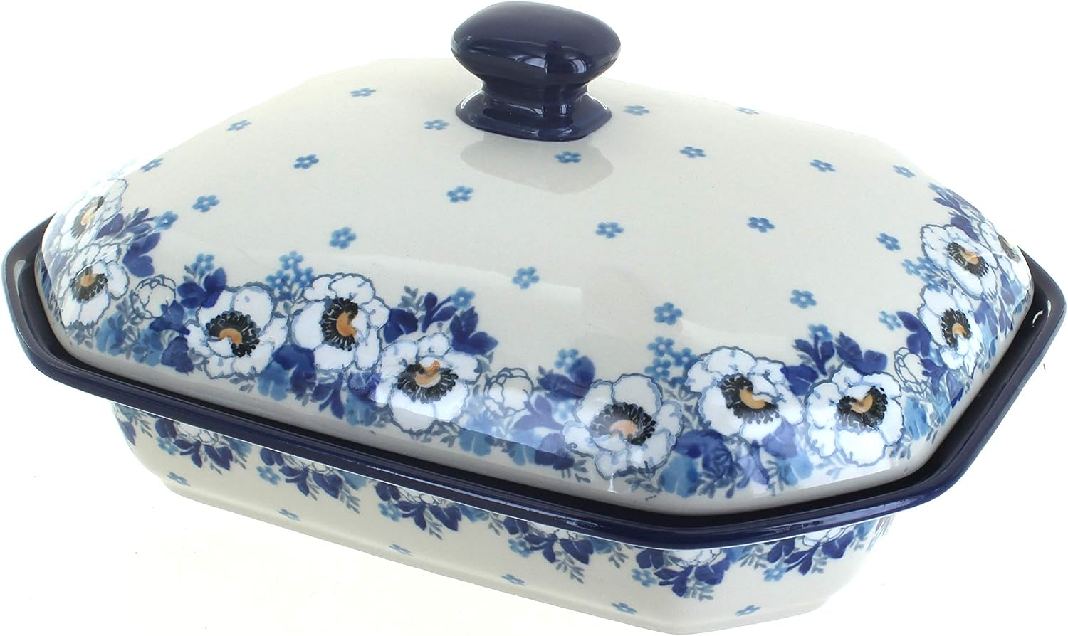 Blue Rose Polish Pottery - Georgia Blue Medium Covered Baker - 3 Cup Capcaity - Unique, Dishwasher Safe, & Durable Bakeware