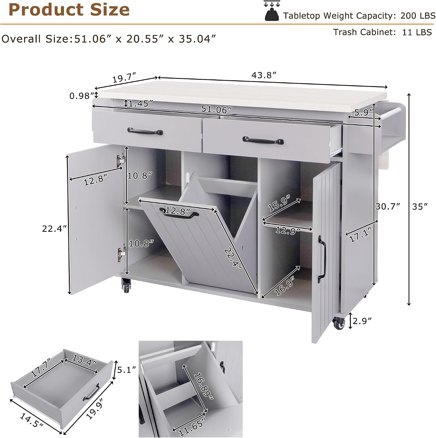Farmhouse Kitchen Island with Trash Can Storage Cabinet, Kitchen Cart with Drop Leaf, Spice Rack, Towel Rack and Drawer, Rolling Kitchen Island on Wheels with Adjustable Shelf (Grey1)