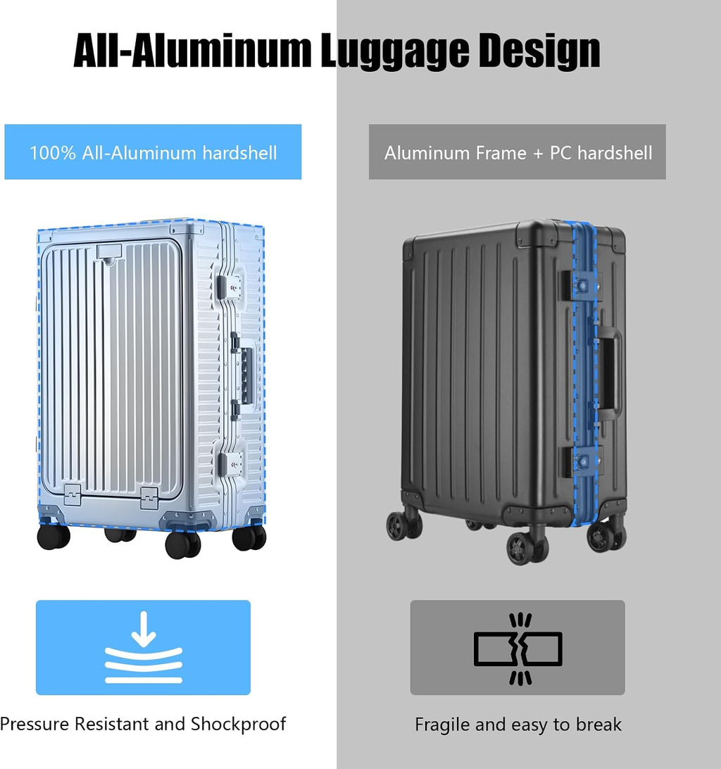 YYW All Aluminium Luggage With Spinner Wheels Lightweight PC hardside Rolling Suitcase, Built-In TSA lock Carry on Suitcase, with Cup Holder, USB Port, Phone Holder (Silver,24inch/39x25x65cm)