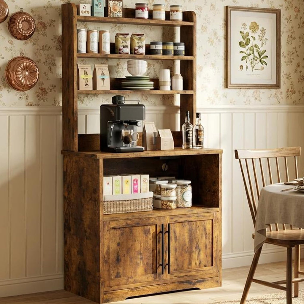 GarveeHome Bakers Rack with Power Outlet and 2 Doors, 63' Tall Farmhouse Wood Microwave Stand with Hutch & 3 Shelves, Coffee Bar Cabinet with Thick Counter, Sturdy Frame, for Kitchen, Rustic Brown
