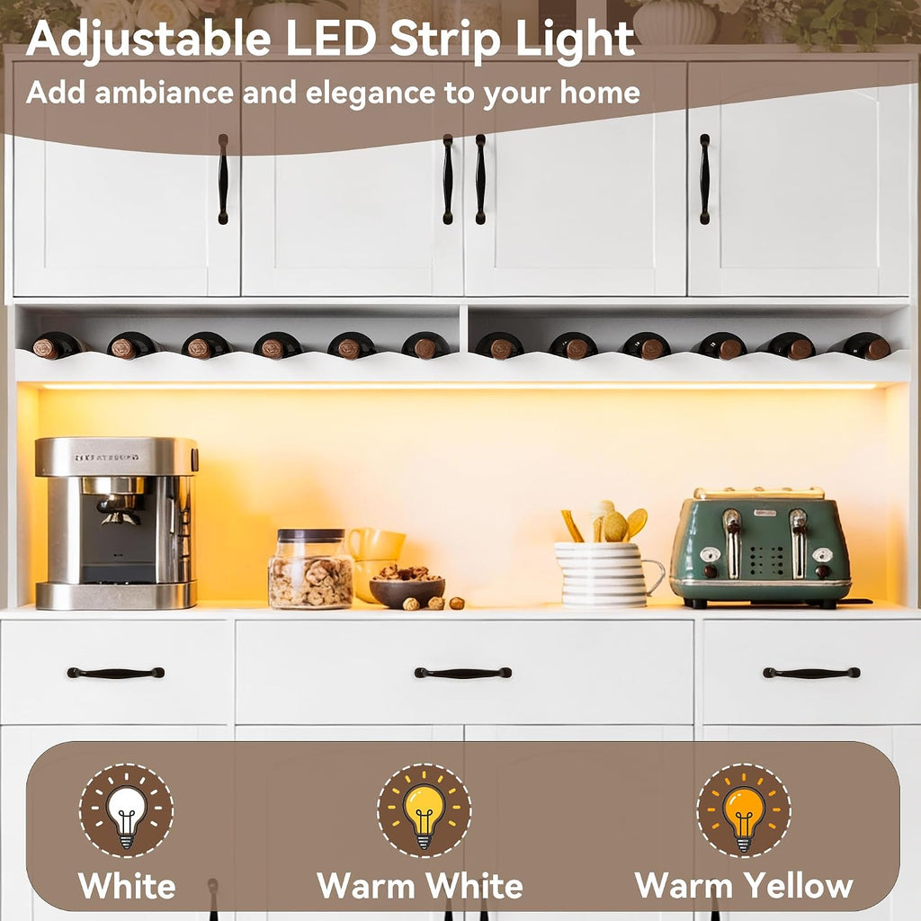 72' Tall Kitchen Pantry Cabinet with Charging Station 55' Wide Kitchen Hutch Cabinet with LED Light and Countertop Large Kitchen Pantry Storage Cabinet With Adjustable Shelves and Wine Rack