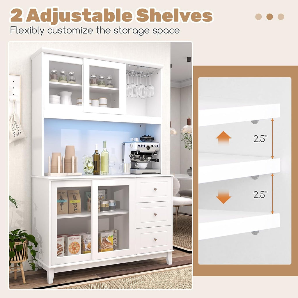 Giantex 73' Kitchen Pantry Storage Cabinet, Buffet Hutch Cabinet with LED Lights & Power Outlet, Kitchen Sideboard w/Wine Glass Racks, Countertop, Adjustable Shelves, Drawers for Dining Room (White)