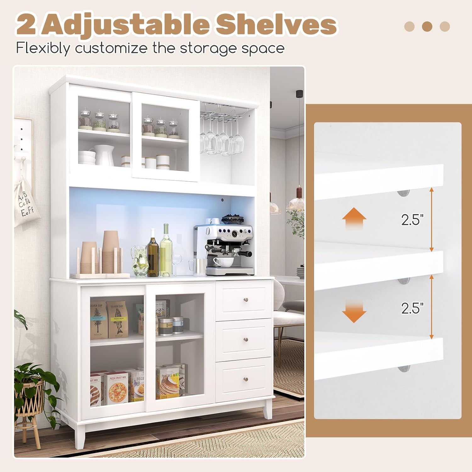 Giantex 73' Kitchen Pantry Storage Cabinet, Buffet Hutch Cabinet with LED Lights & Power Outlet, Kitchen Sideboard w/Wine Glass Racks, Countertop, Adjustable Shelves, Drawers for Dining Room (White)