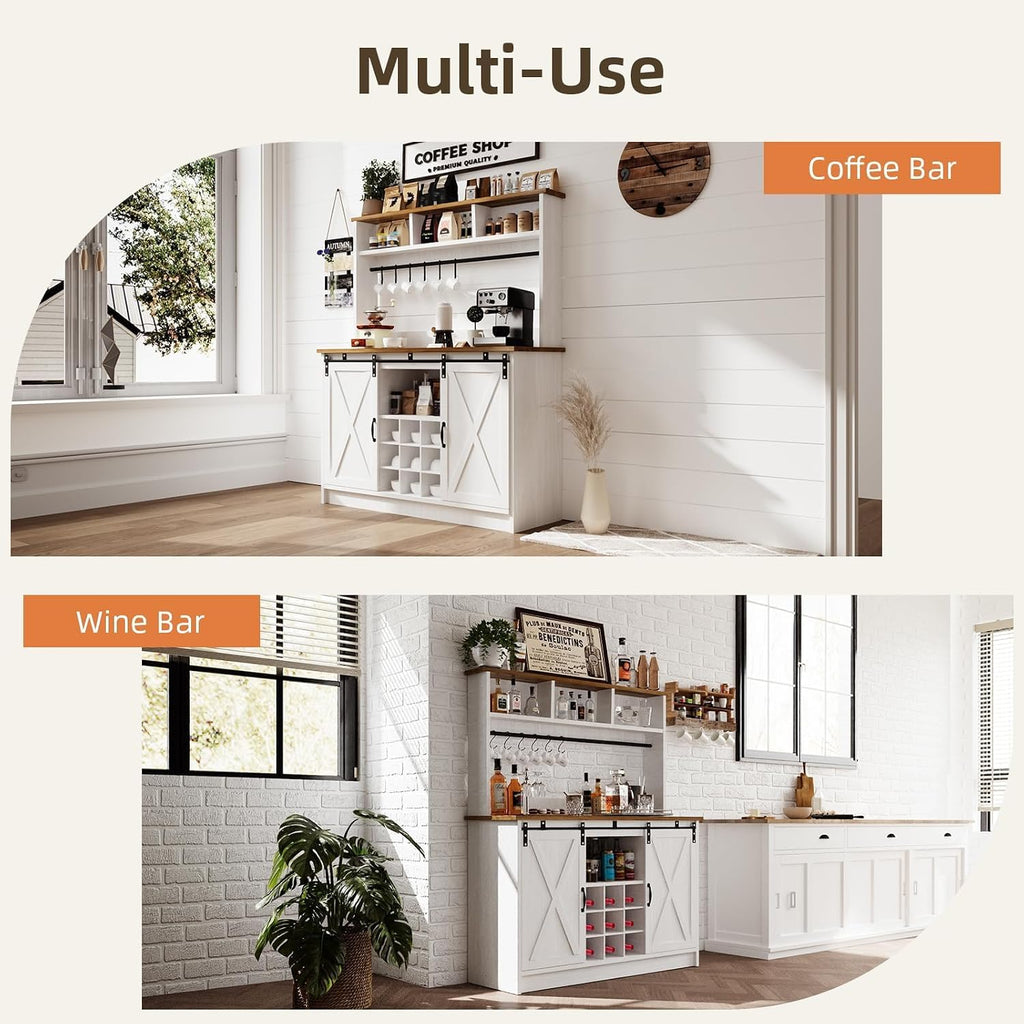 4ever2buy Farmhouse Coffee Bar Cabinet with Storage, 47' Coffee Bar with Storage Hutch & Barn Doors, Hutch Cabinet with 6 Hooks & 9 Wine Racks for Dining Room, Kitchen, White
