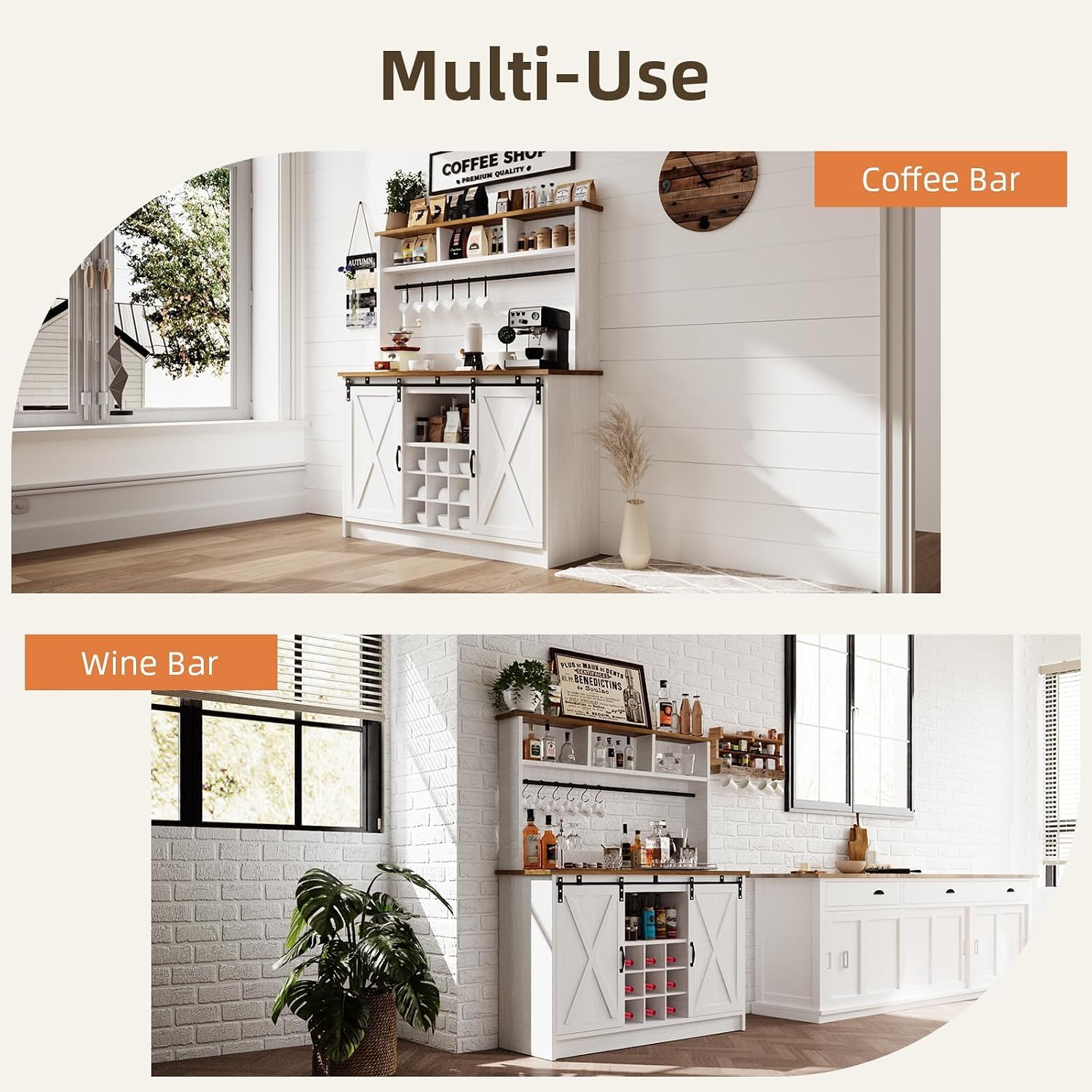 4ever2buy Farmhouse Coffee Bar Cabinet with Storage, 47' Coffee Bar with Storage Hutch & Barn Doors, Hutch Cabinet with 6 Hooks & 9 Wine Racks for Dining Room, Kitchen, White