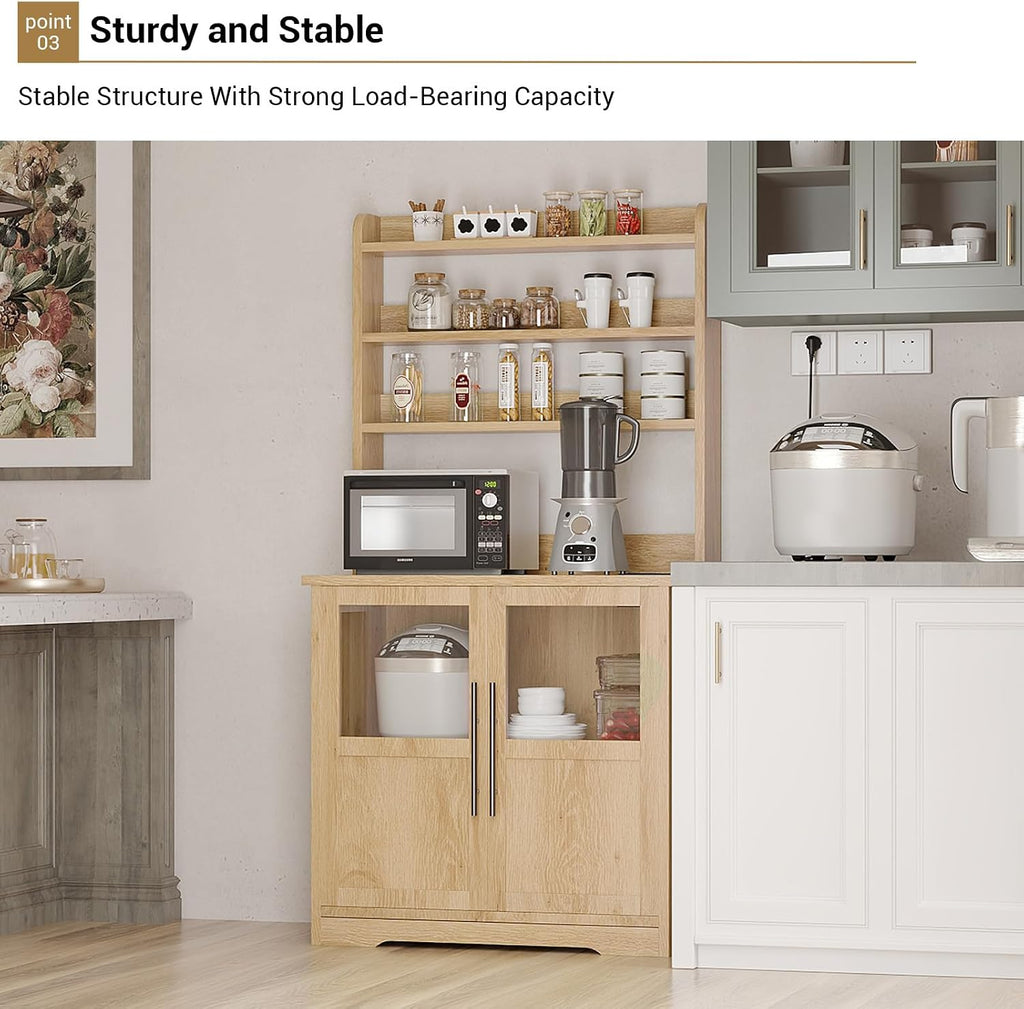 63' Bakers Rack with Storage & Charging Station, Farmhouse Coffee Bar Cabinet, Tall Wooden Microwave Stand with Storage Hutch & 2 Glass Doors for Dining Room, Natural Wood
