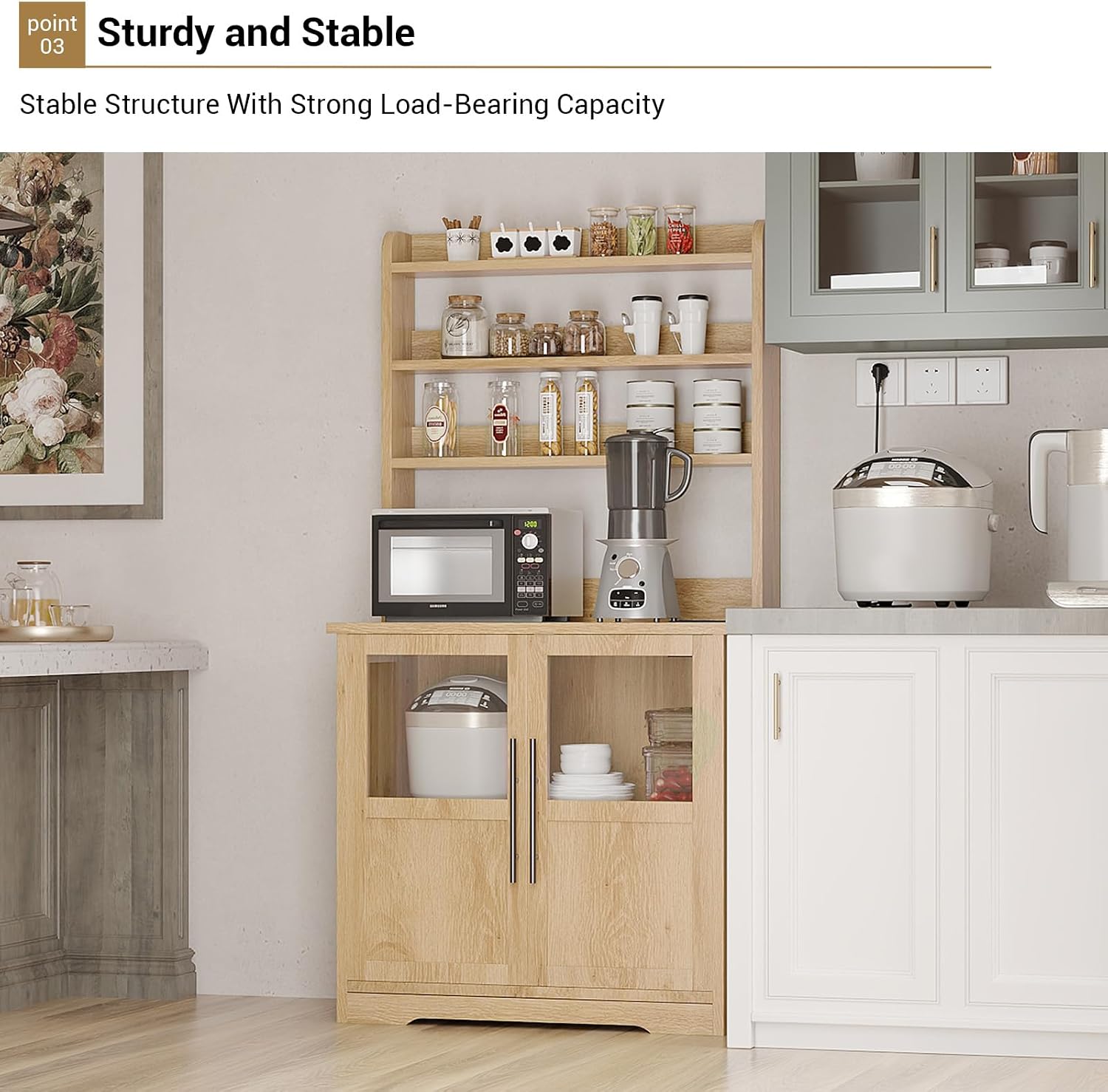 63' Bakers Rack with Storage & Charging Station, Farmhouse Coffee Bar Cabinet, Tall Wooden Microwave Stand with Storage Hutch & 2 Glass Doors for Dining Room, Natural Wood