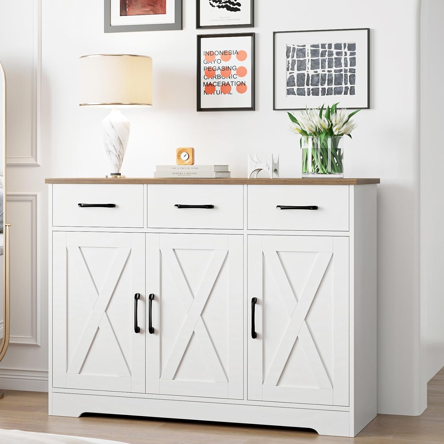 HOSTACK Modern Farmhouse Sideboard Buffet Cabinet, Barn Doors Buffet Storage Cabinet with Drawers and Shelves, Wood Coffee Bar with Storage for Kitchen, Dining Room, Living Room, White