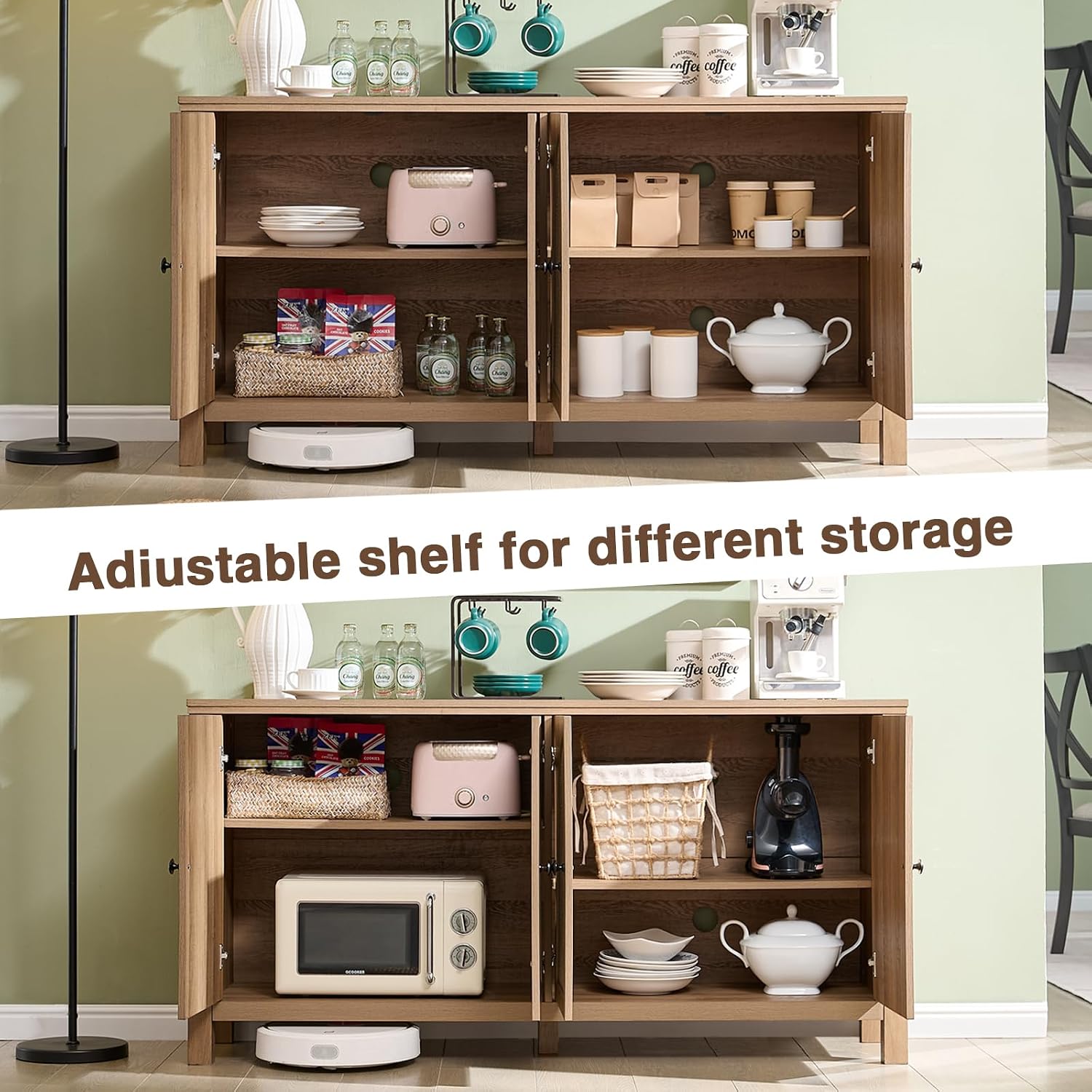 Okvnbjk Rattan Buffet Cabinet with Storage - 4 Soft-Close Doors Sideboard for Dining Room & Living Room, Coffee Bar Cabinet with Adjustable Shelves