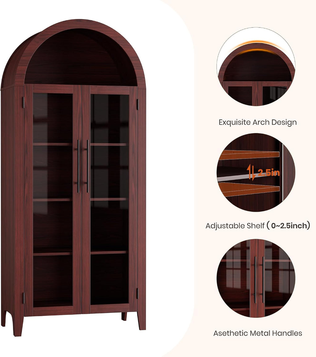 GarveeHome Arched Kitchen Pantry Cabinet - Farmhouse 5 Tier Display Shelf with Adjustable Shelf and 2 Large Glass Doors, Versatile Storage Cupboard for Kitchen, Dining Room, Living Room, Walnut