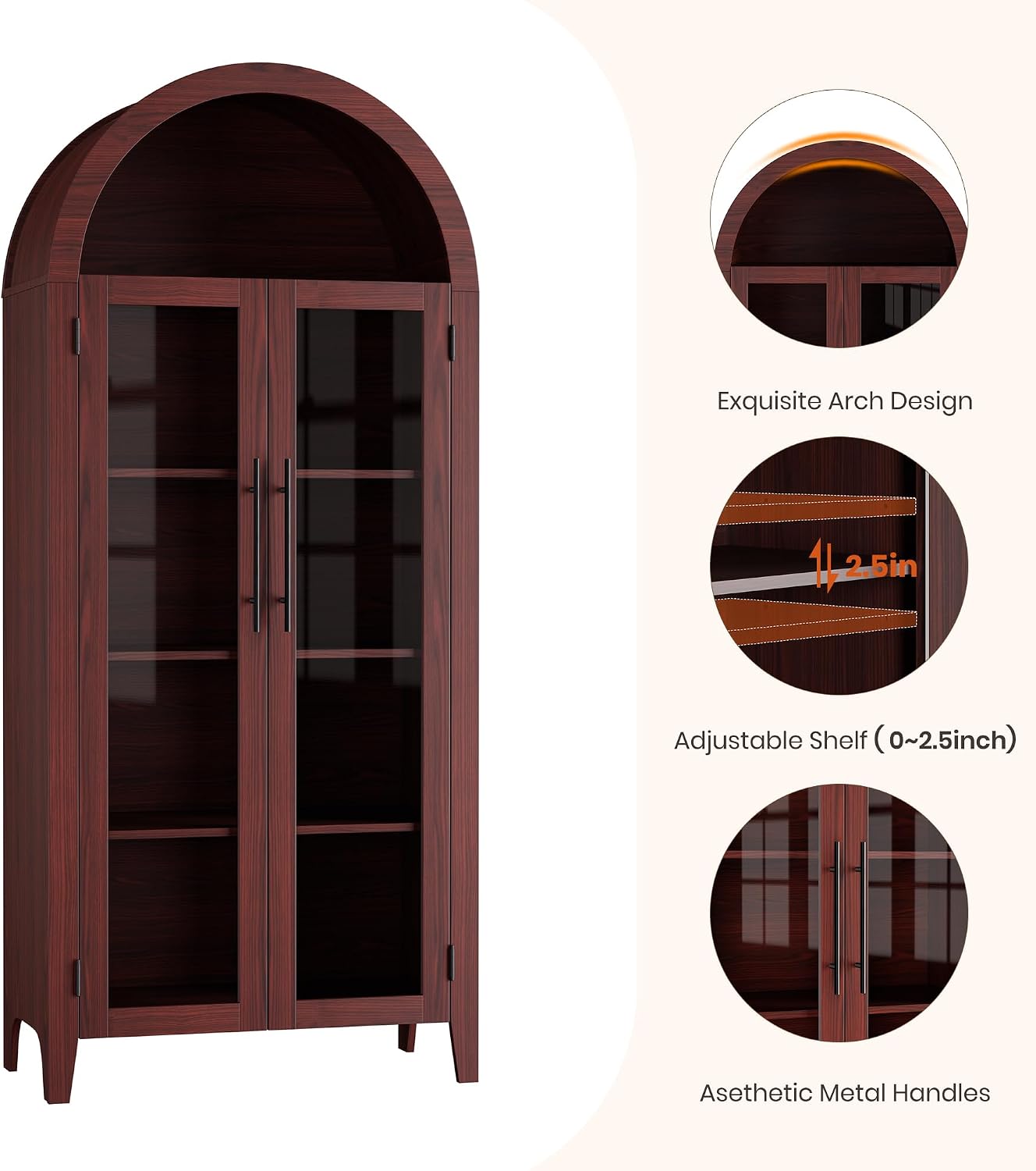 GarveeHome Arched Kitchen Pantry Cabinet - Farmhouse 5 Tier Display Shelf with Adjustable Shelf and 2 Large Glass Doors, Versatile Storage Cupboard for Kitchen, Dining Room, Living Room, Walnut