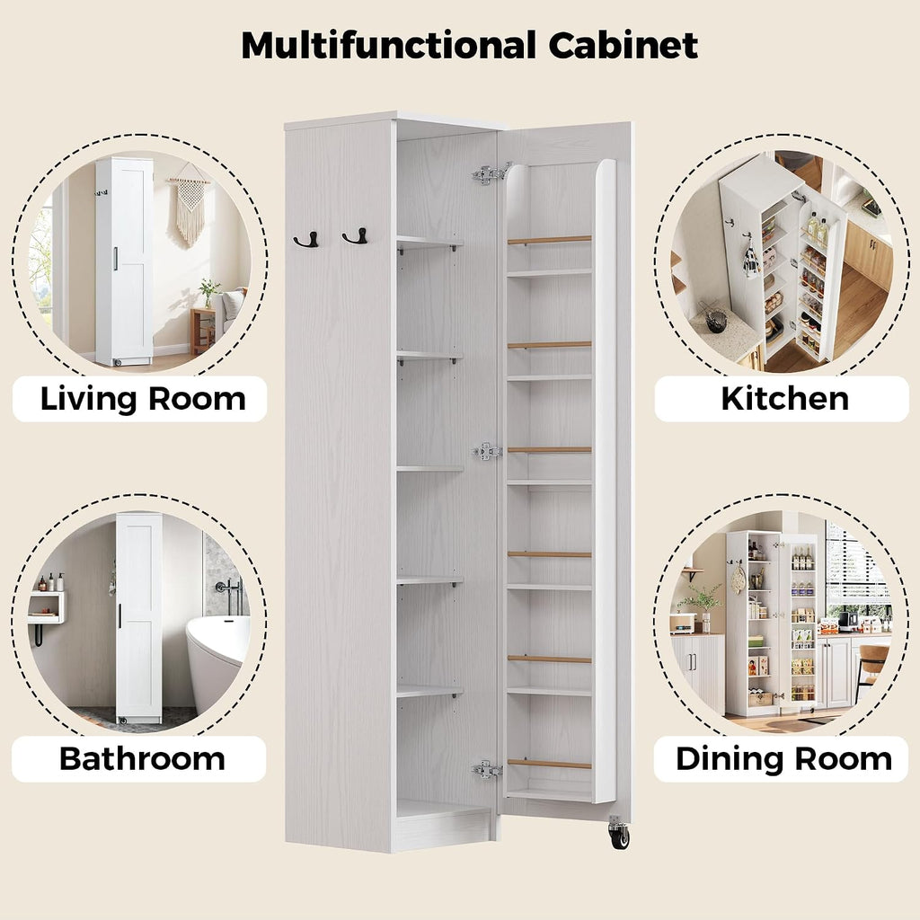 IRONCK Narrow Kitchen Pantry Storage Cabinet, 72' Slim Single Door with 6 Adjustable Shelves, Door Rack and Wheels, Space Saving Freestanding Storage Floor Cabinet for Small Place, White
