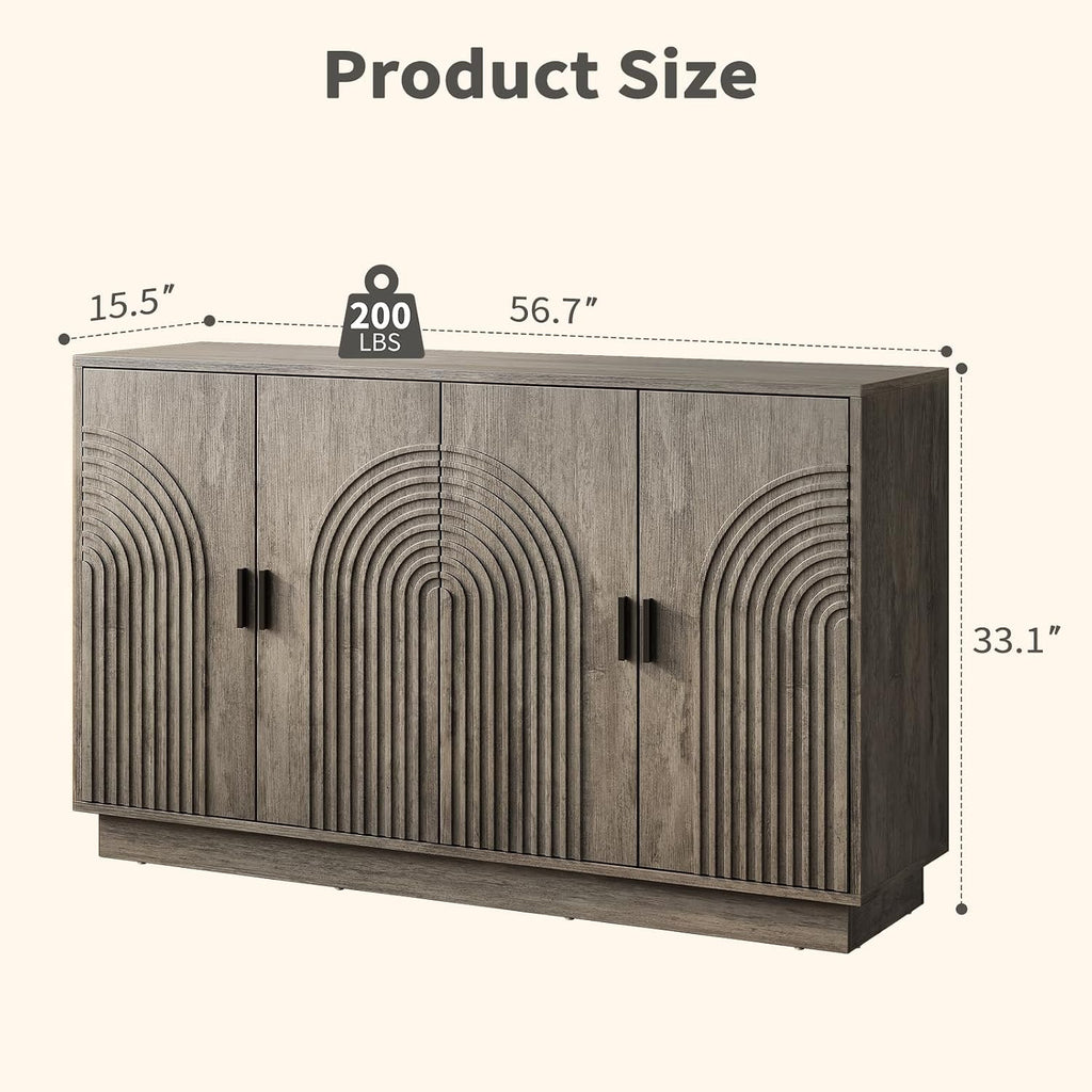 Fluted Sideboard Buffet Cabinet with Storage - 57' Credenza Coffee Bar Cabinet with 4 Doors, Accent Kitchen Storage Cabinets with Adjustable Shelves for Living & Kitchen, Entryway, Modern