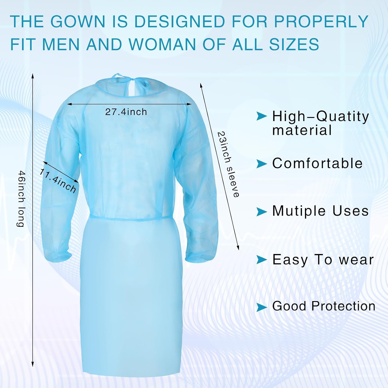 Xuhal 500 Pack Disposable Isolation Gowns PPE Gowns Disposable Bulk Fully Closed Double Tie Back Elastic Cuffs for Home Isolation, Labs, Dental, Beauty Agencies, Tattoo Practices, Unisex (Blue)