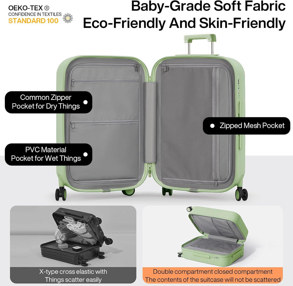mixi Checked Luggage with Cup Phone Holder Hard Shell Rolling Travel Suitcase with Spinner Wheels,24 Inch Avocado Green
