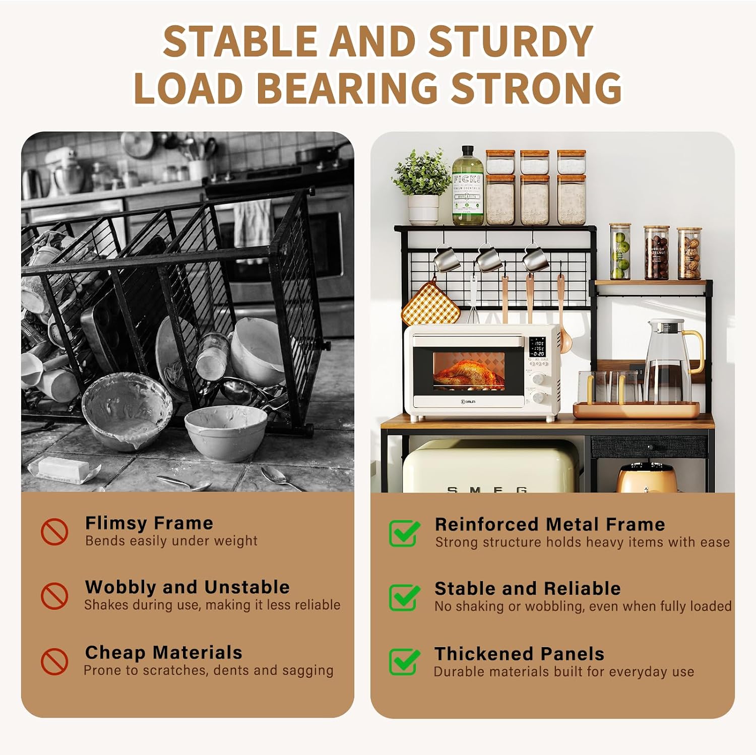 Uniclinens Bakers Rack with Power Outlet, Kitchen Microwave Stand with Storage Shelves, Coffee Bar with Wire Basket and 8 S-Shaped Hooks, Rustic Brown