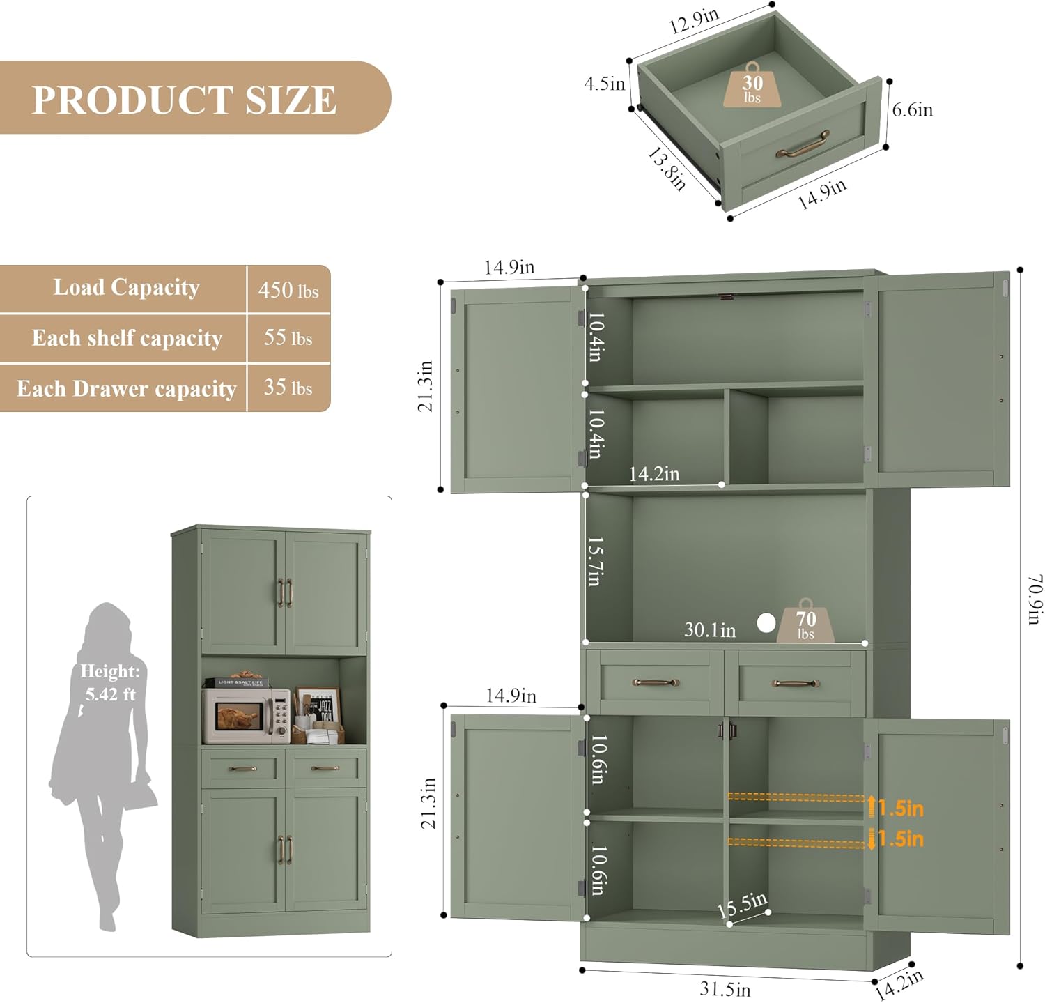HOSTACK 71' Tall Kitchen Pantry Storage Cabinet, Modern Kitchen Hutch Bar Cabinet with Microwave Stand, Wood Buffet Sideboard with Hutch, Cupboard with Drawers, Shelves for Dining Room, Green