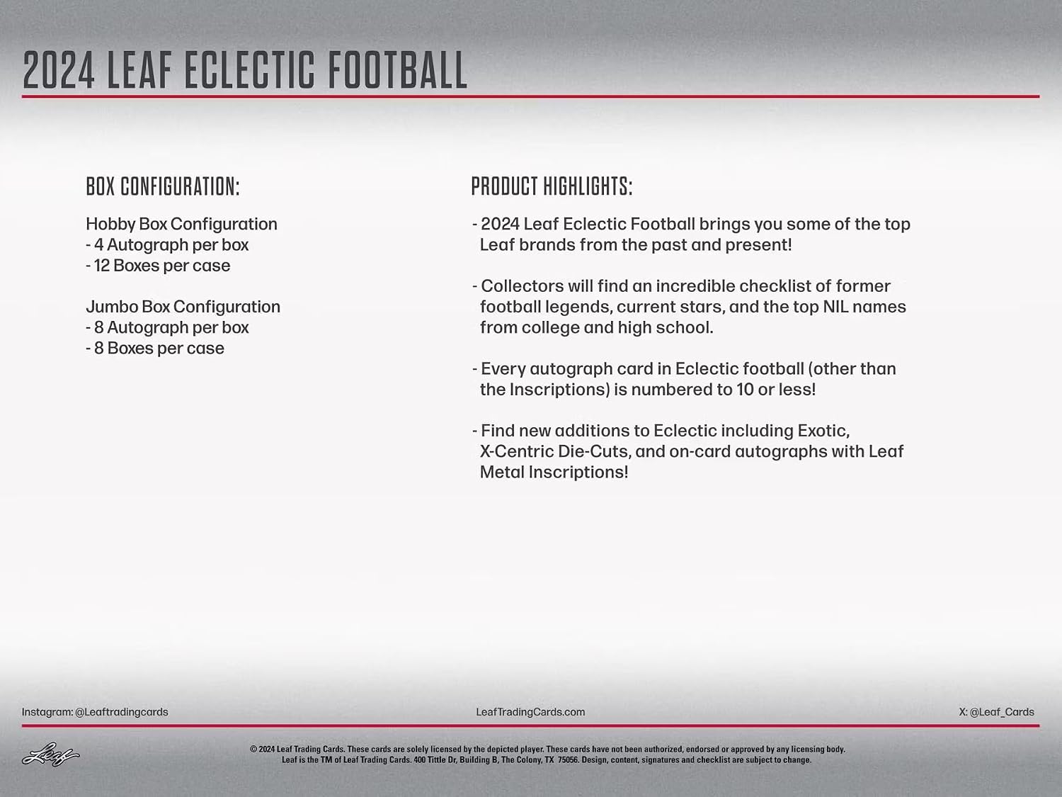2024 Leaf Eclectic Football Hobby Trading Card Box (4 Autographed Cards Per Hobby Box)