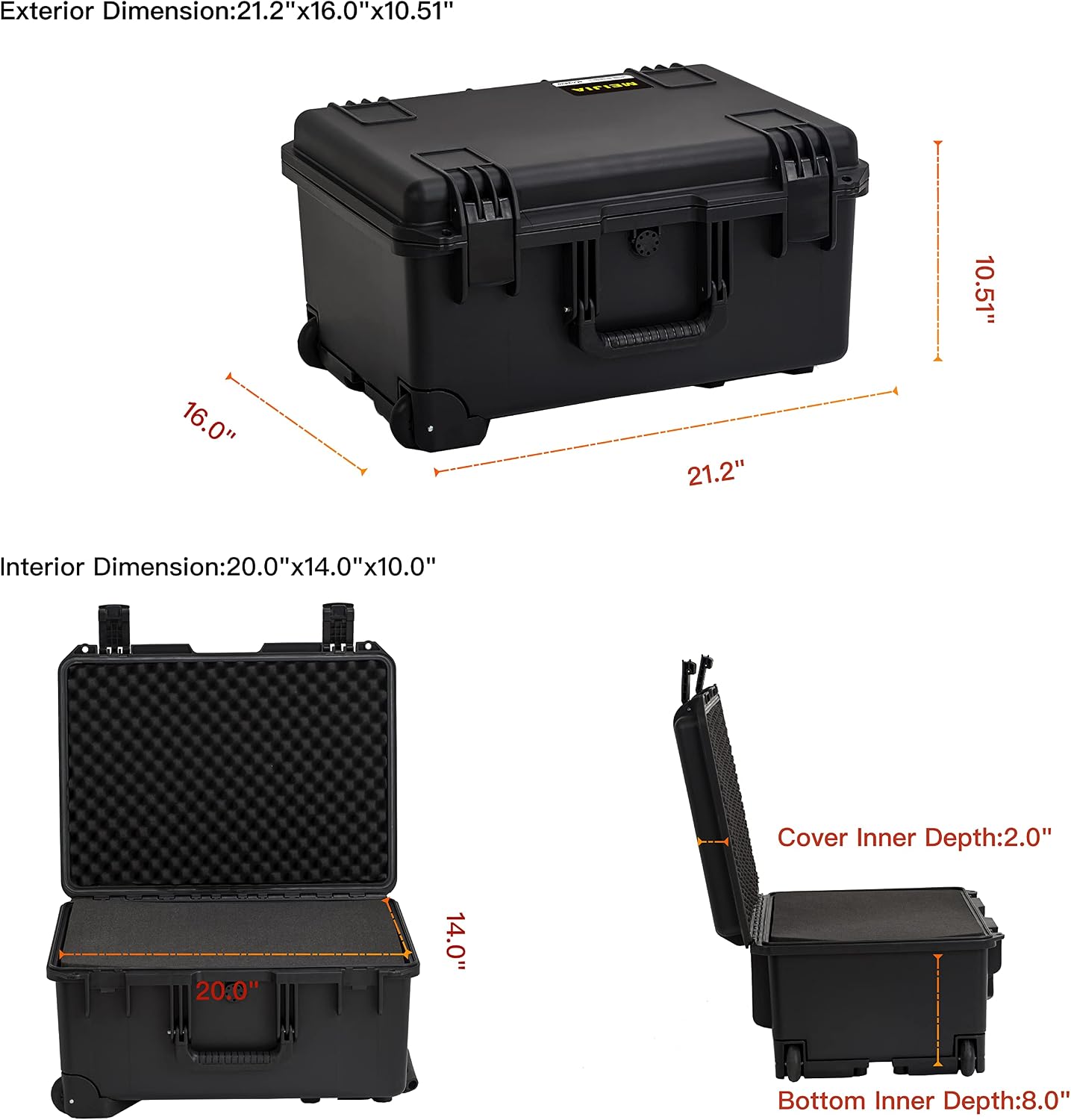 MEIJIA Portable All Weather Waterproof Rolling Hard Case,Camera Case with Customizable Fit Foam,Lightweight design with pull handle and wheels,21.2'x16'x10.51',Black