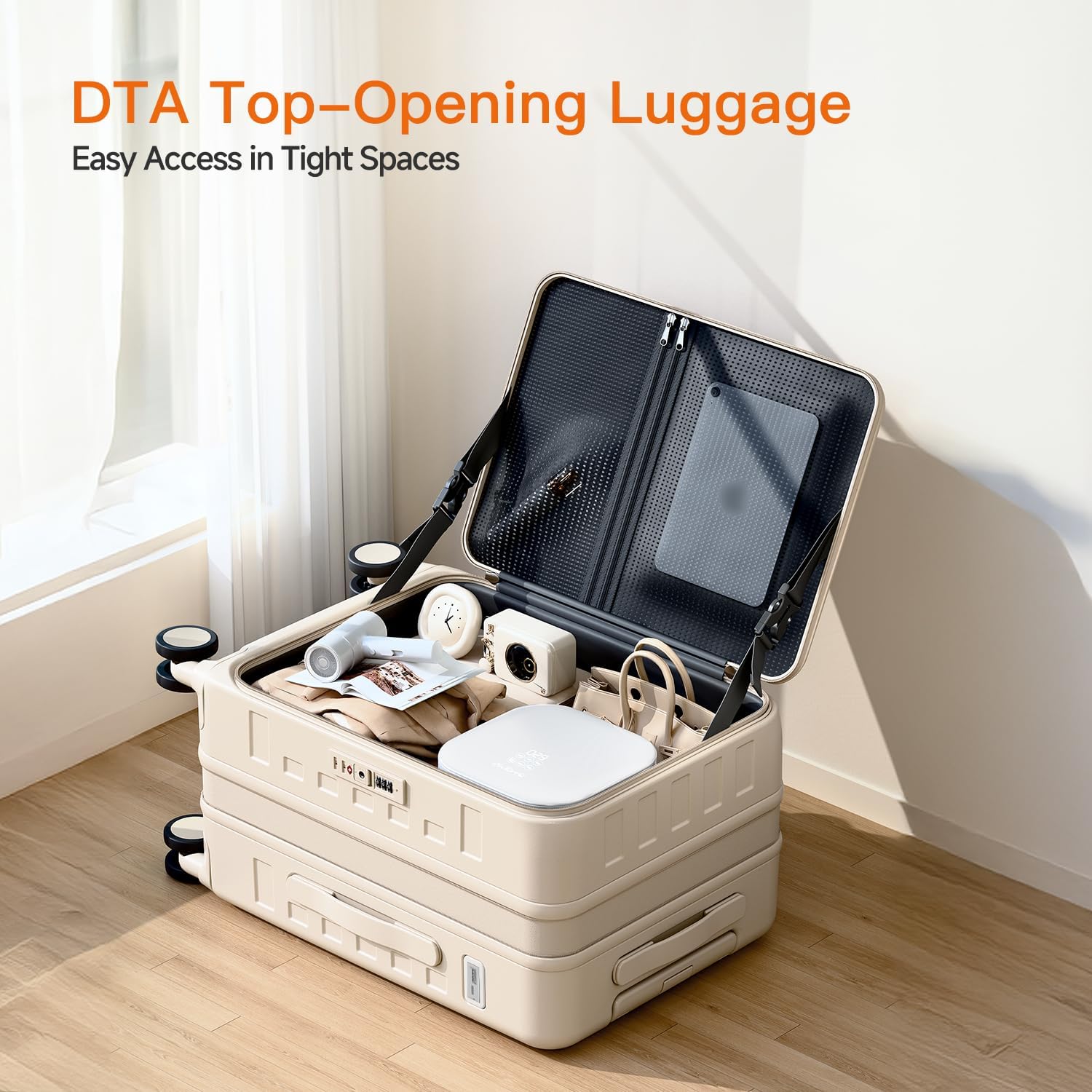 Expandable Lightweight PC Hard Shell Suitcase, 24-inch Luggage with TSA Lock, Top Opening & Cup Holder - Ideal for Business Travel Suitcase (Beige, Checked-Medium 24-Inch)