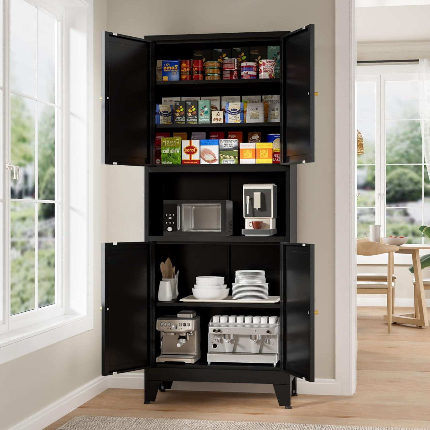 Metal Kitchen Pantry Cabinet, 69' Tall Black Storage Cabinet with 4 Doors and 3 Adjustable Shelves, Freestanding Cupboards with Microwave Stand for Dining Room, Living Room, Bathroom