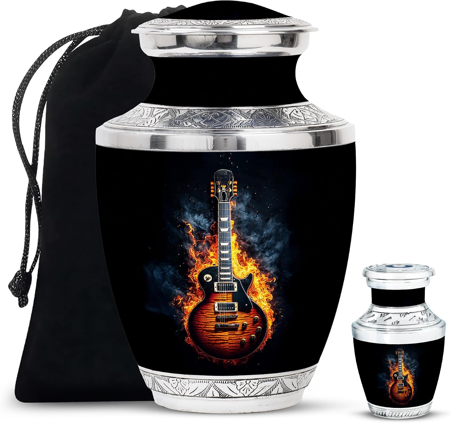 Guitar Urn for Ashes Adult Male & Female - Urns for Ashes - Funeral Memorial Set - Small Urns - Companion Urn - Hand Engraved - Combo of 10 Inch & 3 Inch