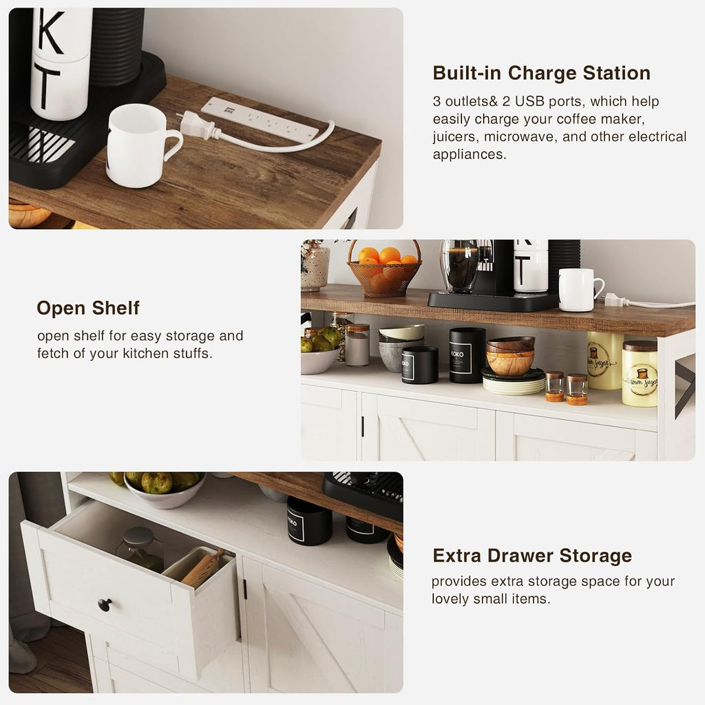 Befrases Farmhouse Buffet Cabinet with Drawers & Open Shelf, Sideboard with Storage, Kitchen Pantry Cabinet Hutch, Coffee Bar Station for Kitchen, Livingroom, 47' L White