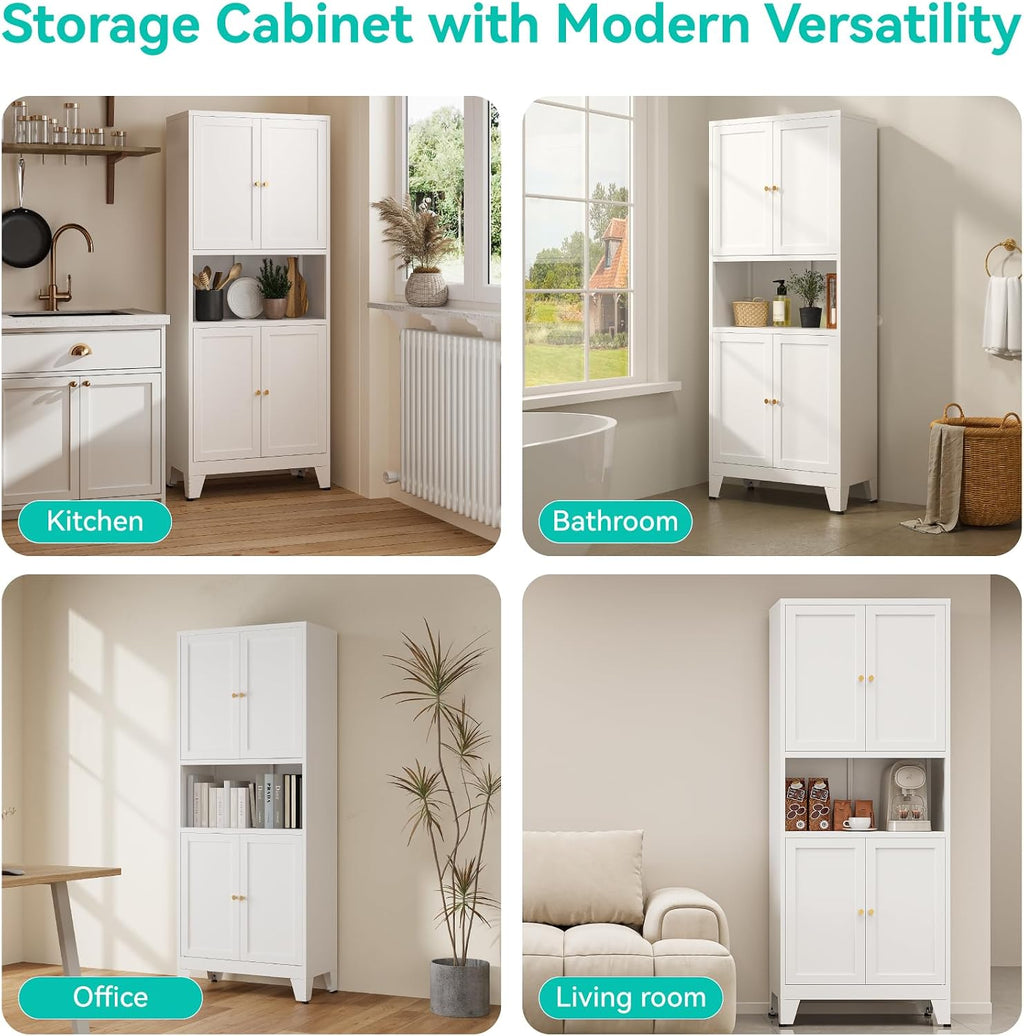 69' H Metal Pantry Cabinet with Open Shelf,13.78'Deep By 28' Wide Storage Cabinet with Doors and Adjustable Shelves,Microwave Stand,for Kitchen Dining Room Bathroom,White 1Pc