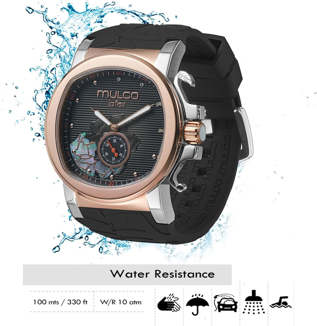MULCO Le Fleur Gardenia Women's Watch – 43 mm Stainless-Steel Case, Rose-Gold Bezel, Mother-of-Pearl Dial with Crystal Accents, Pure Silicone Strap, Quartz Multifunction Movement, 10 ATM Waterproof