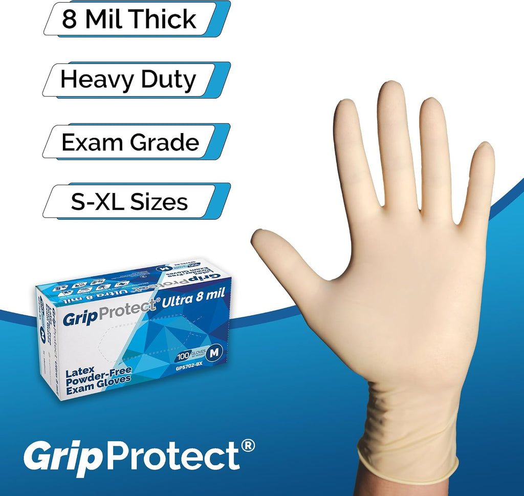 GripProtect Ultra 8 Mil Latex Exam Gloves, Disposable, Medical, Auto