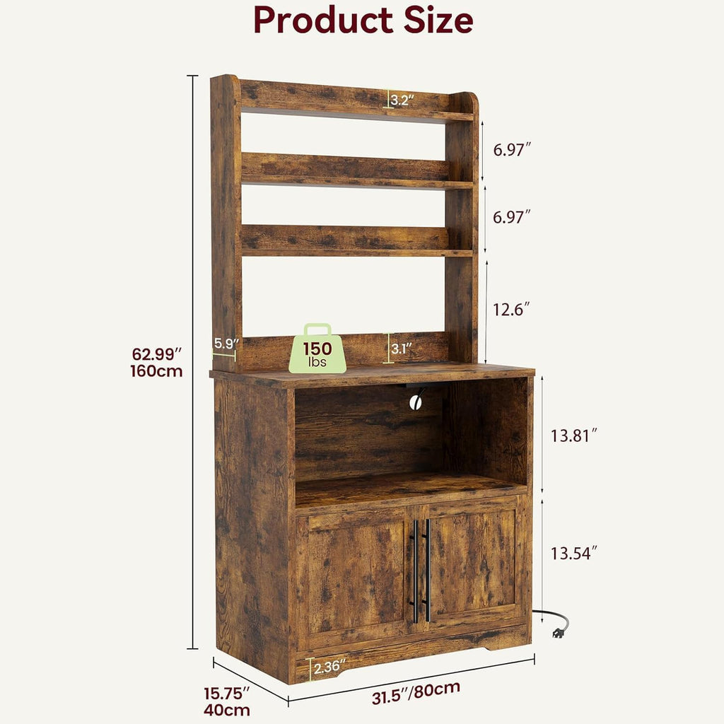 GAOMON Farmhouse Bakers Rack with Storage Cabinet and Charging Station, Kitchen Hutch with Thickened Tabletop, Power Outlets & USB Ports, Pantry Organizer Shelf for Kitchen and Dining Room, Brown