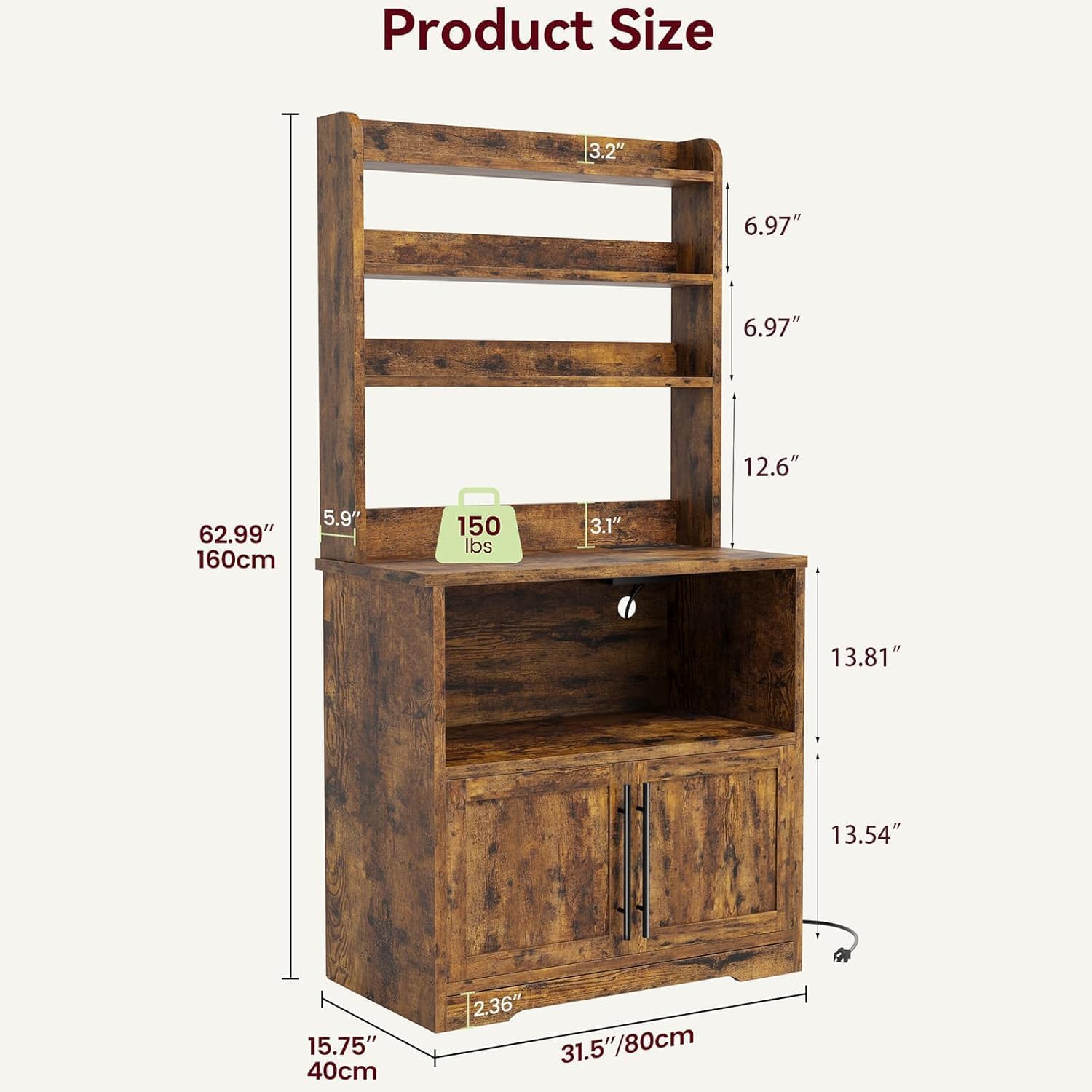GAOMON Farmhouse Bakers Rack with Storage Cabinet and Charging Station, Kitchen Hutch with Thickened Tabletop, Power Outlets & USB Ports, Pantry Organizer Shelf for Kitchen and Dining Room, Brown