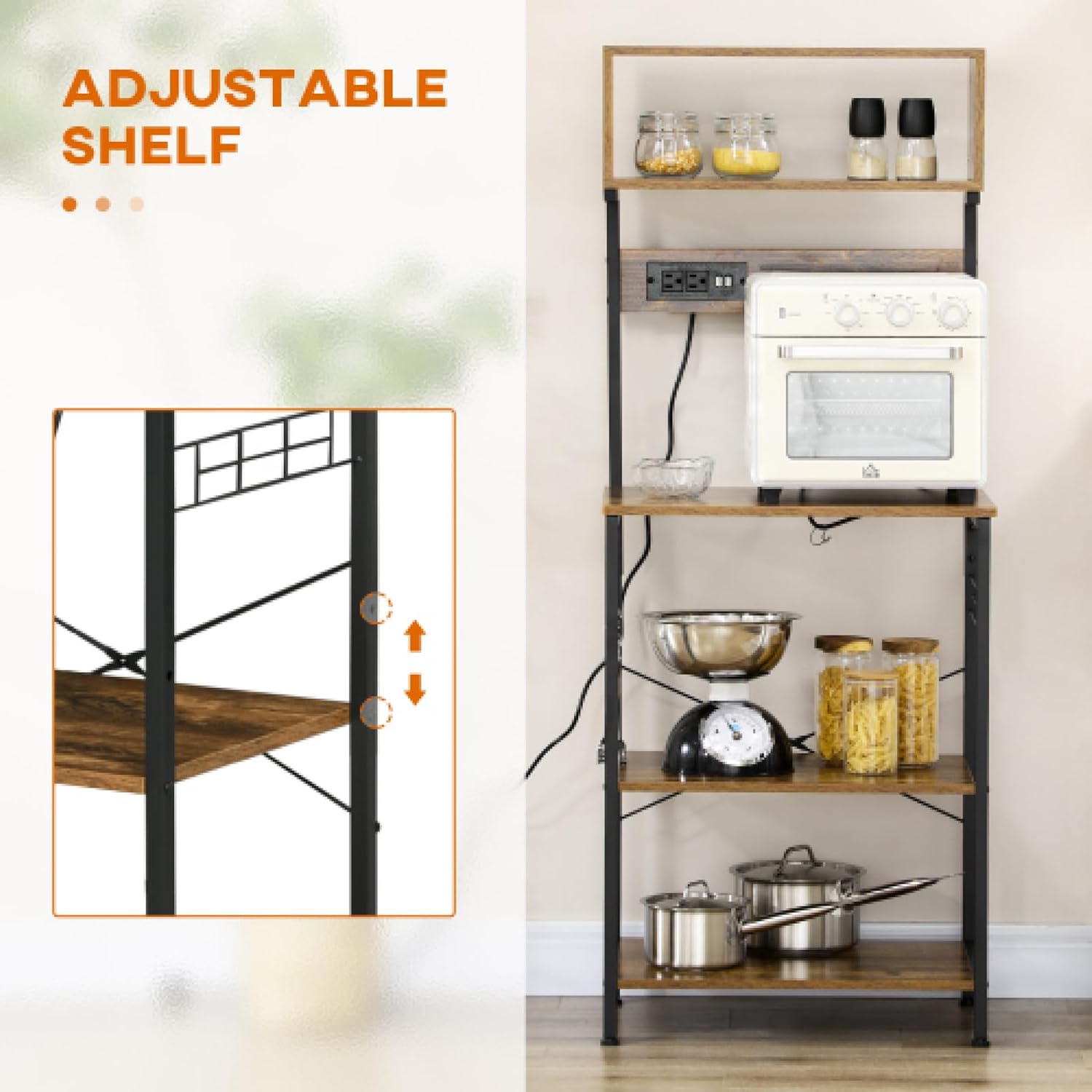 Kitchen Bakers Rack with Power Outlet USB Charger 5 Hooks Microwave Stand Adjustable Coffee Bar for Spices Pots and Pans