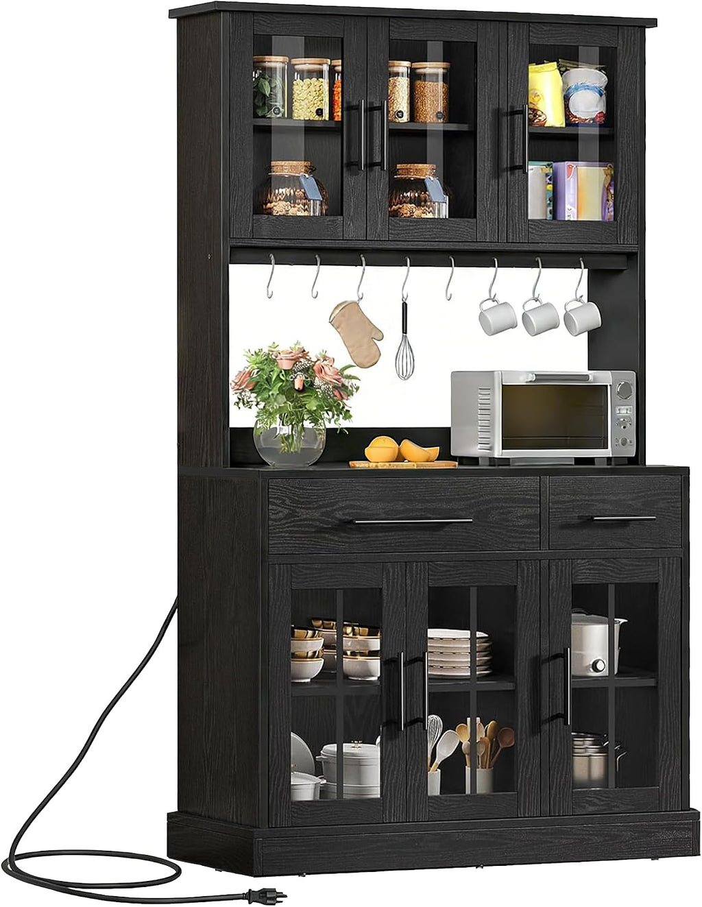 YITAHOME 71'' Kitchen Pantry Storage Cabinet with Microwave Stand, Tall Freestanding Hutch Cabinet with Power Outlet, Pantry Cabinets with Buffet Cupboard, Drawers and Acrylic Doors for Home, Black