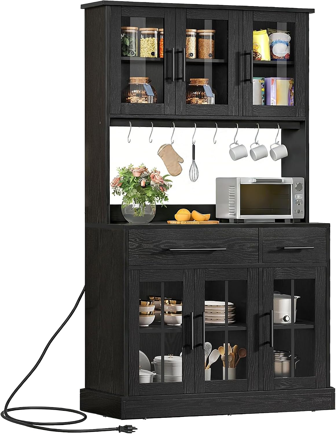 YITAHOME 71'' Kitchen Pantry Storage Cabinet with Microwave Stand, Tall Freestanding Hutch Cabinet with Power Outlet, Pantry Cabinets with Buffet Cupboard, Drawers and Acrylic Doors for Home, Black