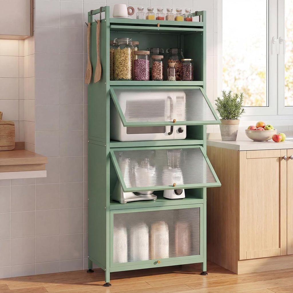 Giantex 5-Tier Kitchen Storage Cabinet, Freestanding Metal Pantry Cabinet w/ 4 Flip-up PC Doors, 4 Hooks & Adjustable Feet, 60' Tall Bakers Rack Microwave Stand for Dining Room, Living Room, Green