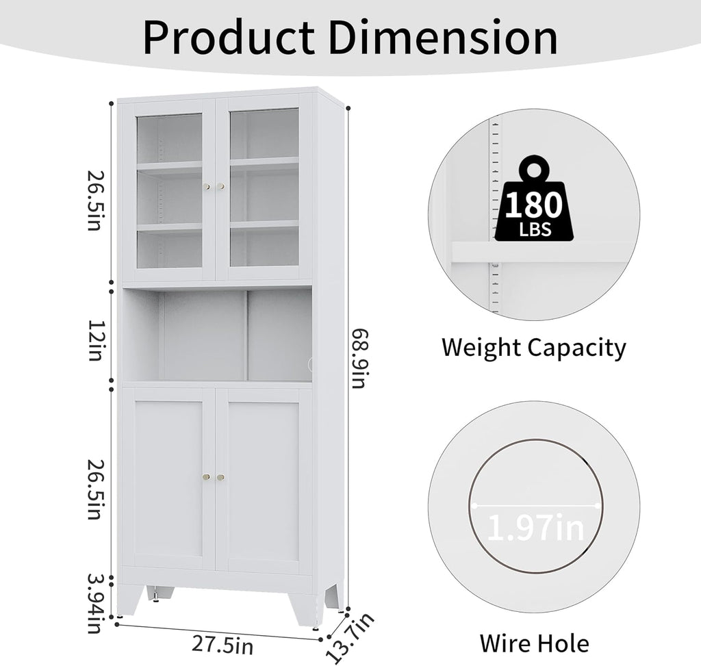 68.9'' Metal Kitchen Pantry Cabinet with Doors and Adjustable Shelves, Hutch Cabinet with Microwave Storage, Kitchen Cabinet Storage for Living Room, Bathroom, Home (White-Glass)