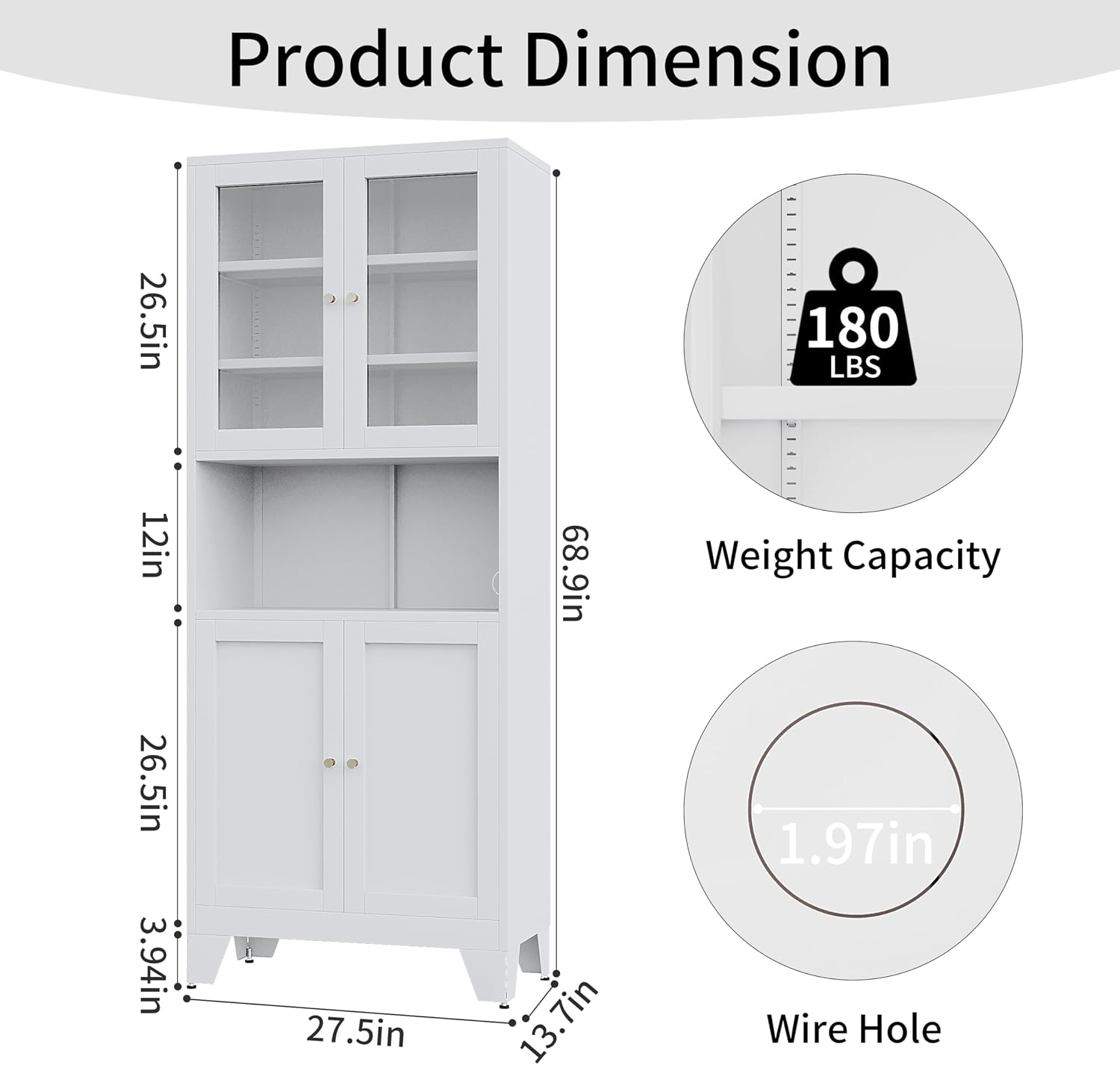 68.9'' Metal Kitchen Pantry Cabinet with Doors and Adjustable Shelves, Hutch Cabinet with Microwave Storage, Kitchen Cabinet Storage for Living Room, Bathroom, Home (White-Glass)