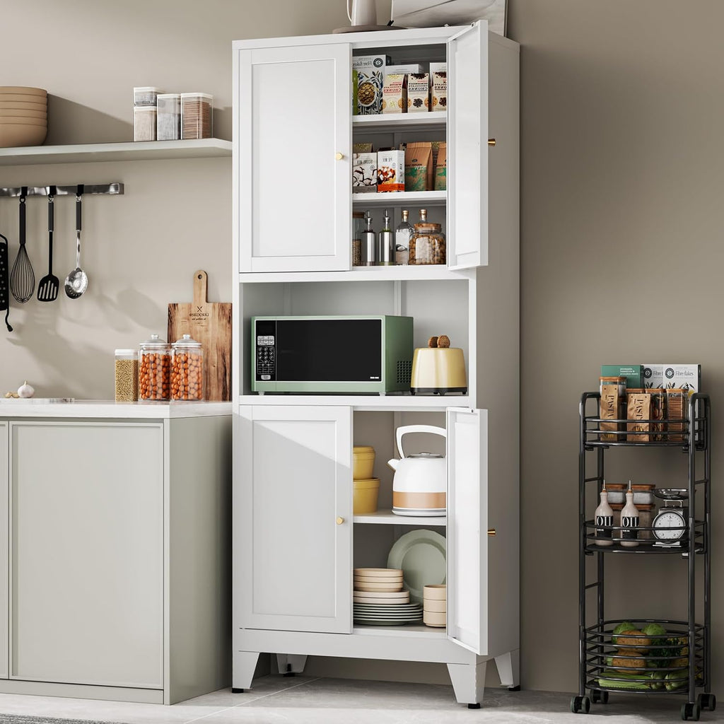 YAUWOH 69' Tall Metal Kitchen Pantry Cabinet with Microwave Shelf, 4 Doors & 3 Adjustable Shelves, Heavy Duty Food Storage Cabinet with Anti-Tip Design for Kitchen,Dining Room (1PC,White)