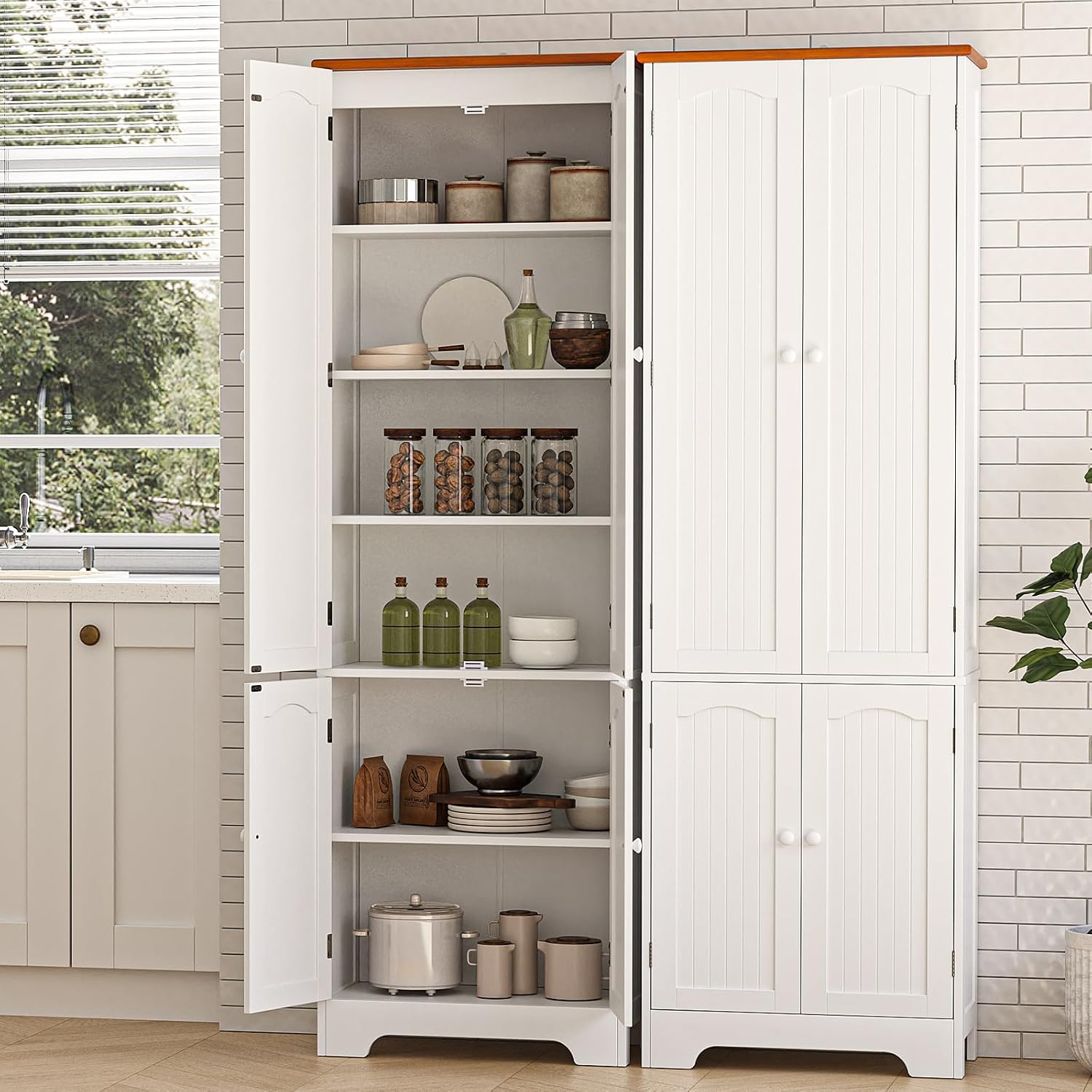 Wood Storage Cabinet- 72.2'' Pantry Cabinets for Kitchen Storage, 4 Door Freestanding Cupboard, Tall Narrow Storage Cabinets for Bathroom, Dining Room, Living Room, Laundry, Garage, Entryway,White
