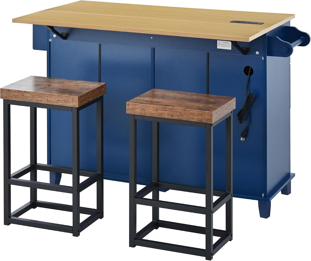 Farmhouse Kitchen Island with Drop Leaf and 2 Seatings, Kitchen Table Set with Storage Cabinet, Drawers, Door Shelves and Power Outlet Blue+Black+Brown
