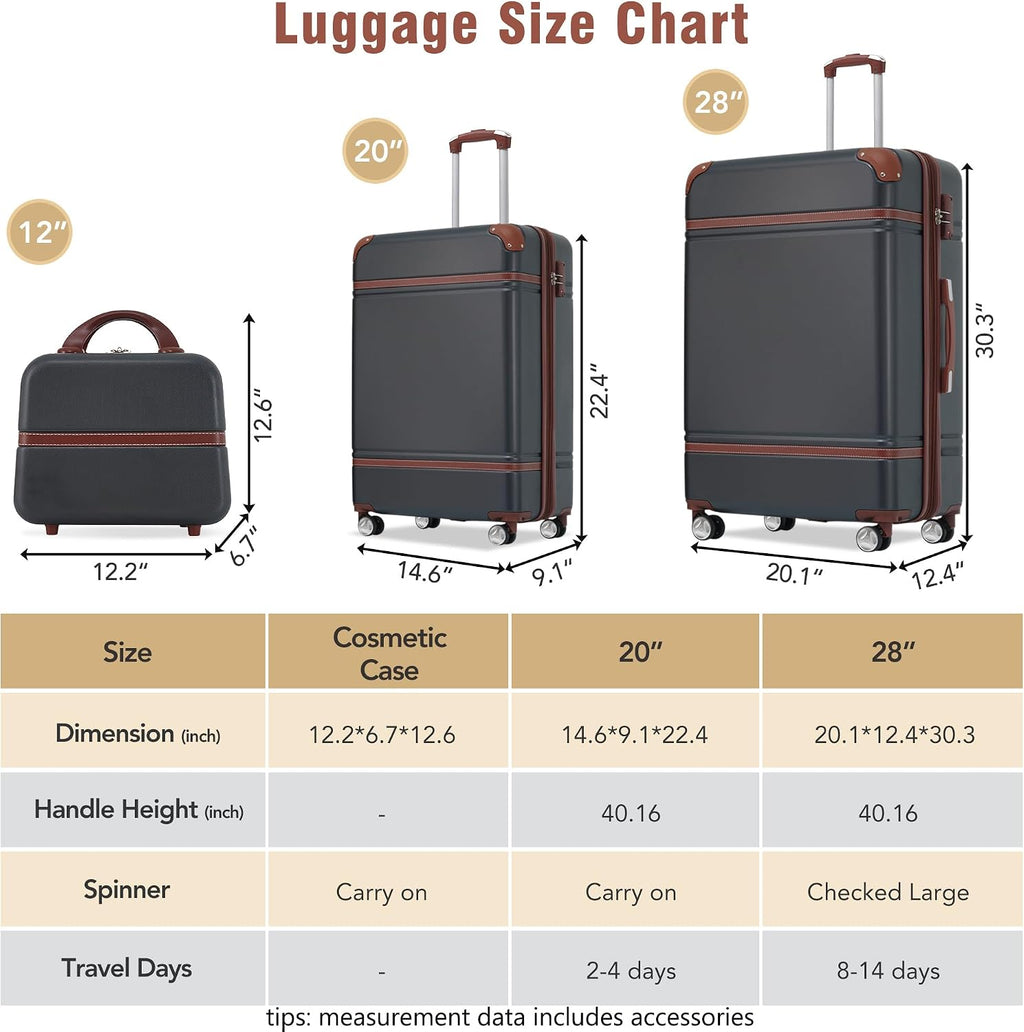 Merax Luggage Set 2 Piece Suitcase Set with Cosmetic Case Expandable Spinner Wheels Vintage Luggage Sets(Black,20'+28')