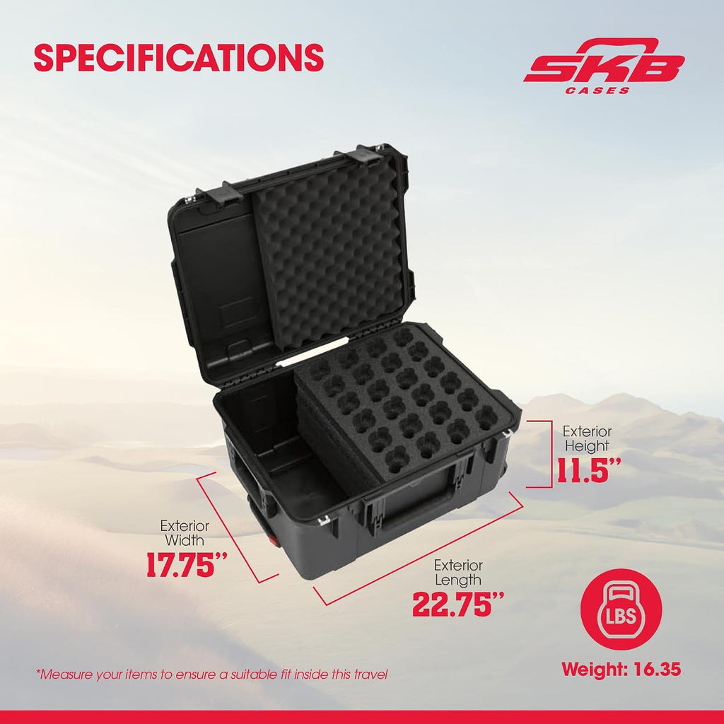 SKB iSeries Microphone Hard Case, Waterproof Polypropylene Shell with 24-Slot Foam Interior, Cable Storage and Wheels for Mic System Protection