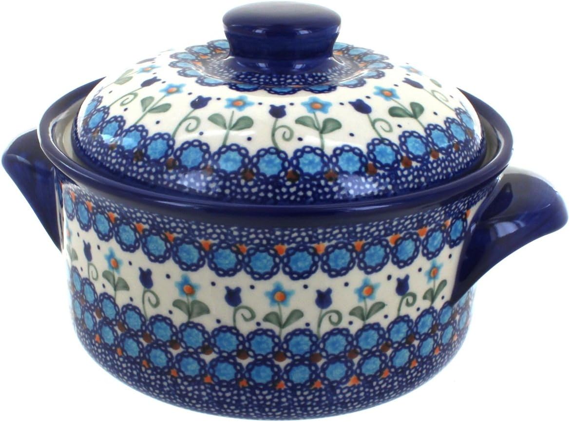 Blue Rose Polish Pottery - Blue Savannah Round Baker with Lid - 7.5' Diameter - Unique, Dishwasher Safe, & Durable Bakeware