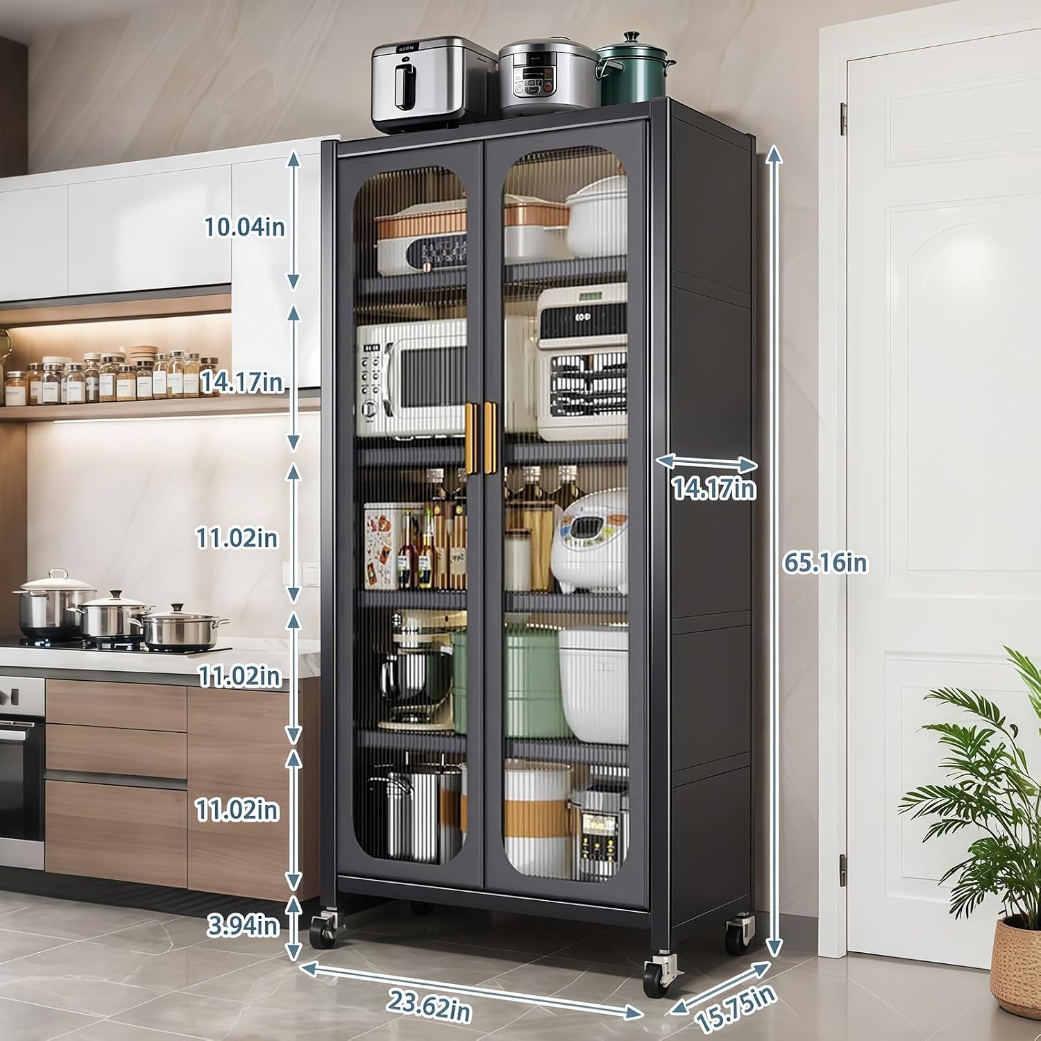 Kitchen Pantry Storage Cabinet, 6 Tier 65' H Metal Sideboard with Wheels and Acrylic Glass Door, Modern Kitchen Storage Rack for Home, Office,Pantry