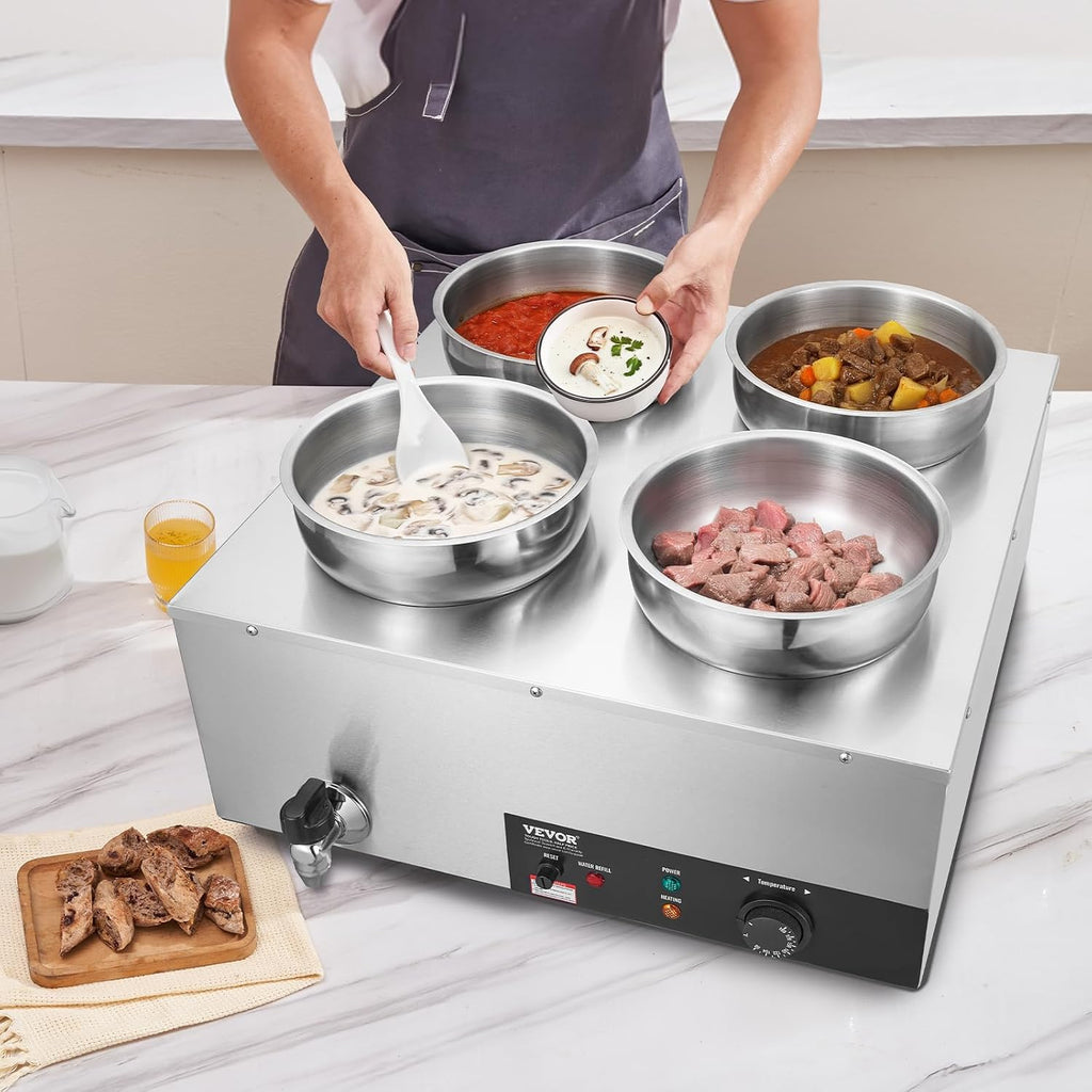 ETL Listed VEVOR Electric Soup Warmer, Four 7.4QT Stainless Steel Round Pot 86~185°F Adjustable Temp, 1500W Commercial Bain Marie with Anti-Dry Burn, Soup Station for Restaurant, Buffet, Silver