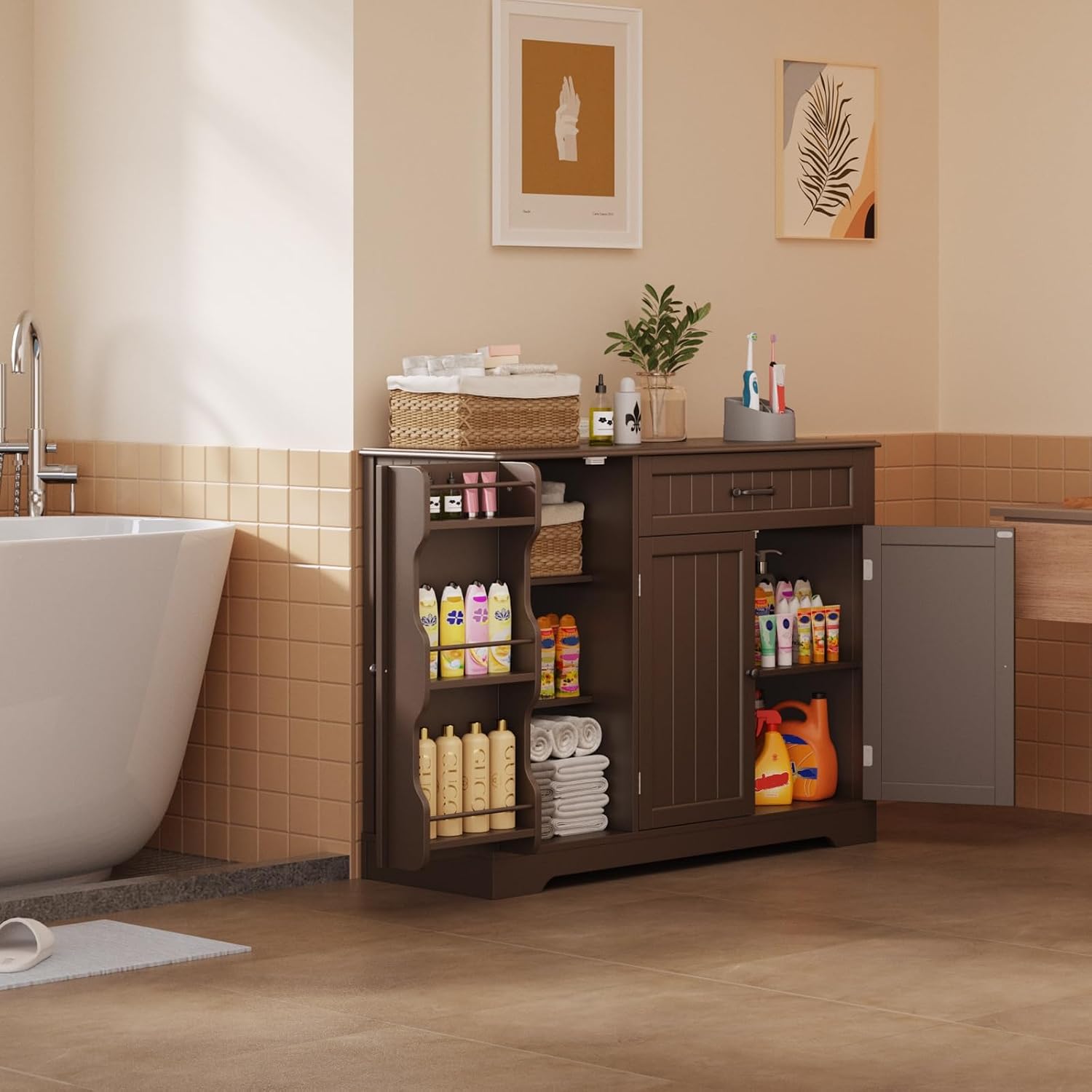 Gizoon Kitchen Coffee Bar Cabinet with Storage Kitchen Sideboard Buffet Cabinet with Drawers, Short Pantry with Door and Shelves for Bathroom and Living Room, Dark Brown, Painted
