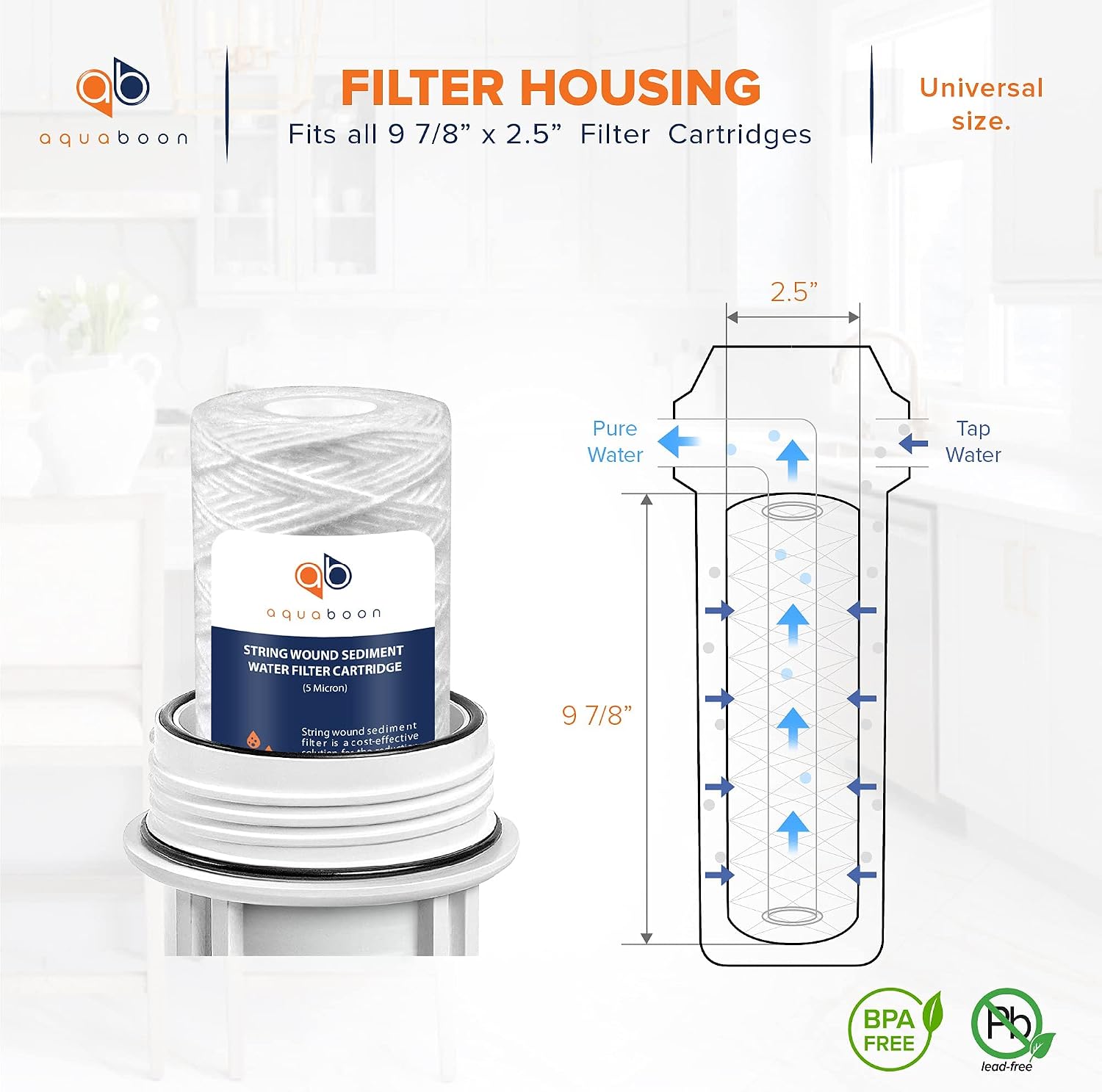 Aquaboon Whole House 5 Micron 10 x 2.5 String Wound Sediment Water Filter Cartridge Replacement Compatible with Well Water Filter WHKF-WHSW, 50-Pack