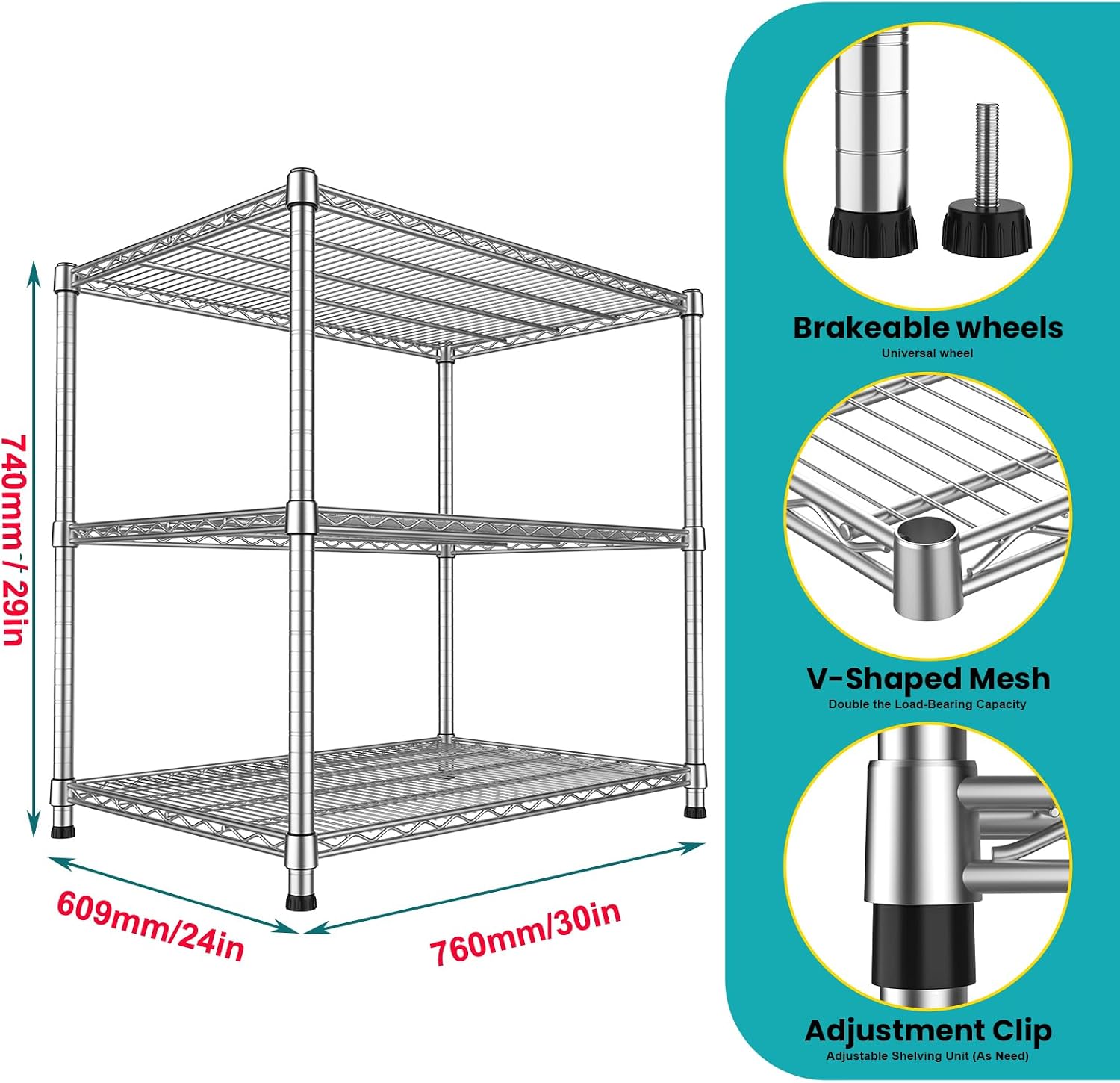 24'Depth Metal Wire Shelving Unit Metal Shelf Adjustable Storage Rack Kitchen Storage shelves 3 Tier Industrial Heavy Duty 1800LBS Sturdy Standing Steel Organizer for Home Garage Laundry 24Dx30'Wx29'H