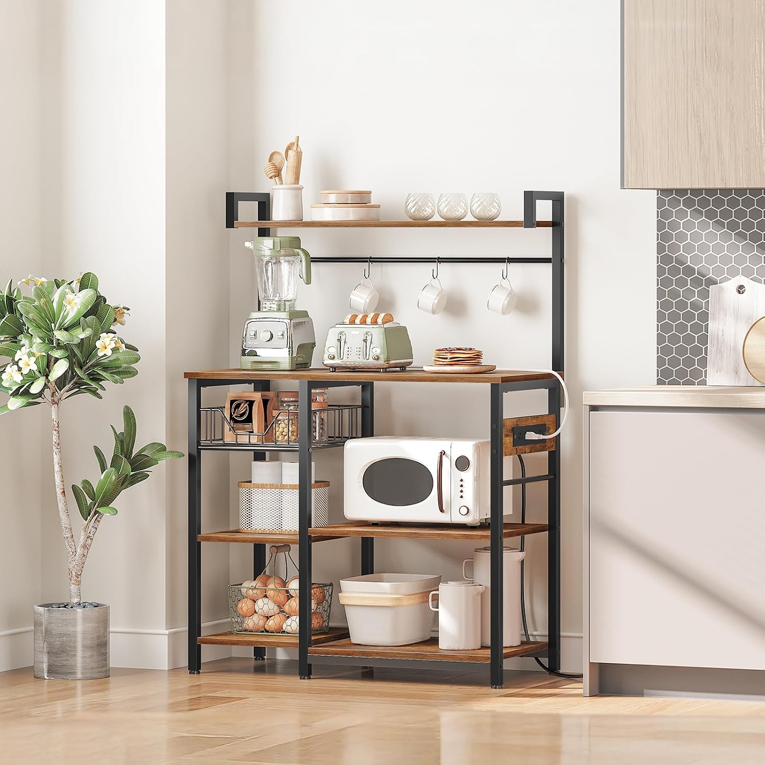 HOOBRO Bakers Rack with Power Outlet and Large Microwave stand with Power Outlets, 35.4 In Coffee Bar with Mesh Basket, Kitchen Shelf with Wire Basket, Rustic Brown and Black BF05HB01-BF64UHB01